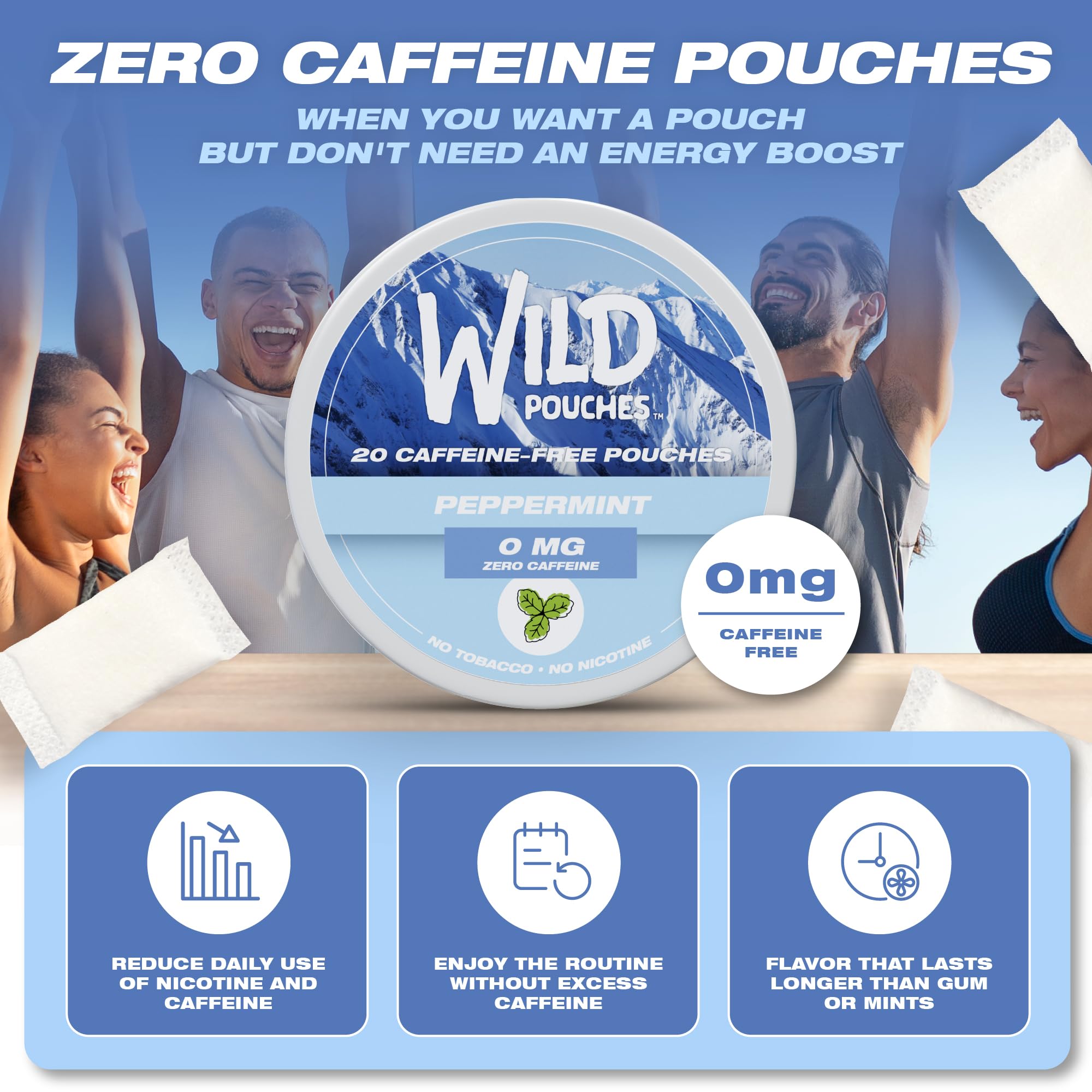 Wild Pouches lata abierta con 20 bolsitas mostrando cantidad por envase