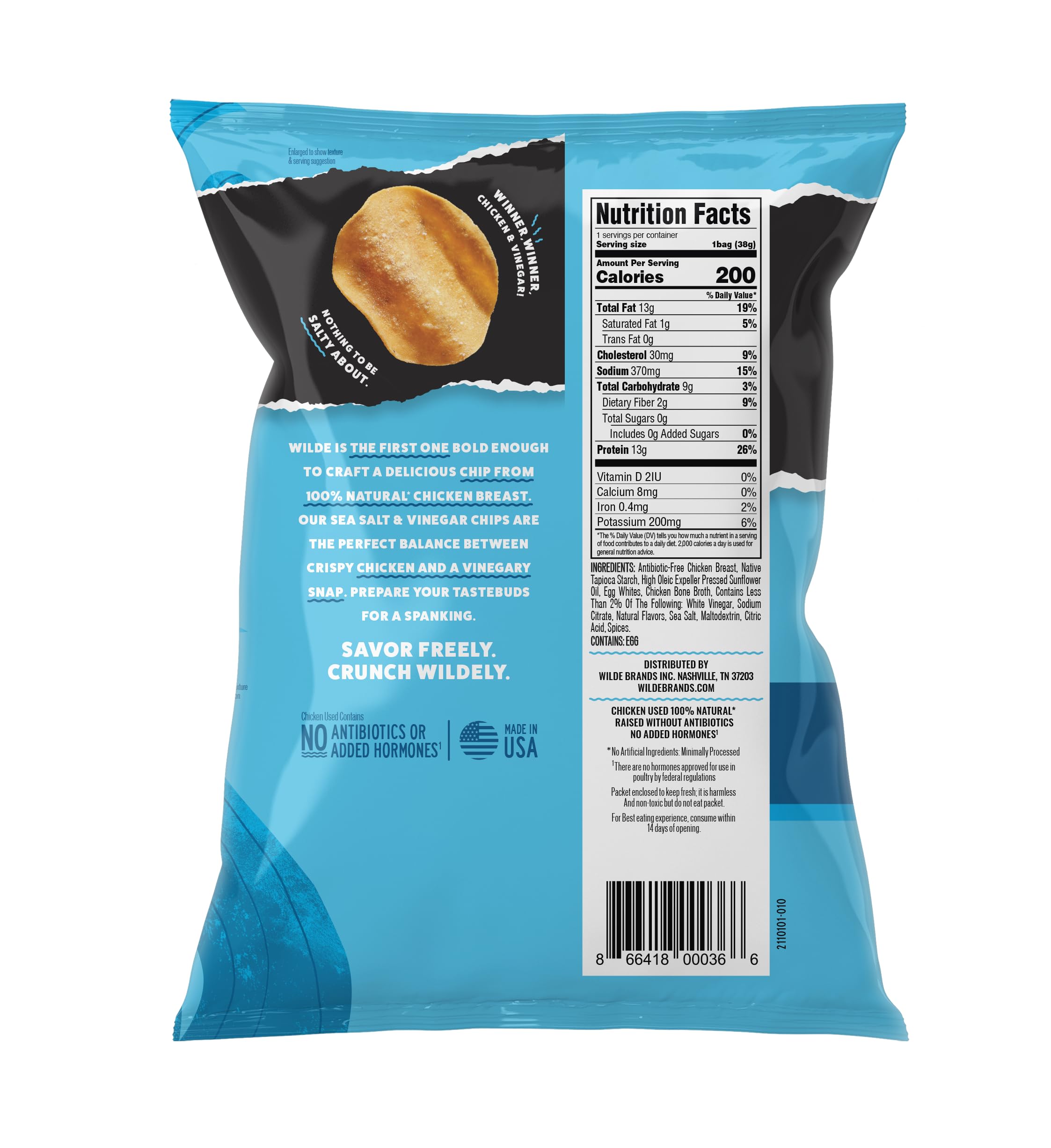 WILDE bolsa abierta con chips listos para comer, práctico snack alto en proteína