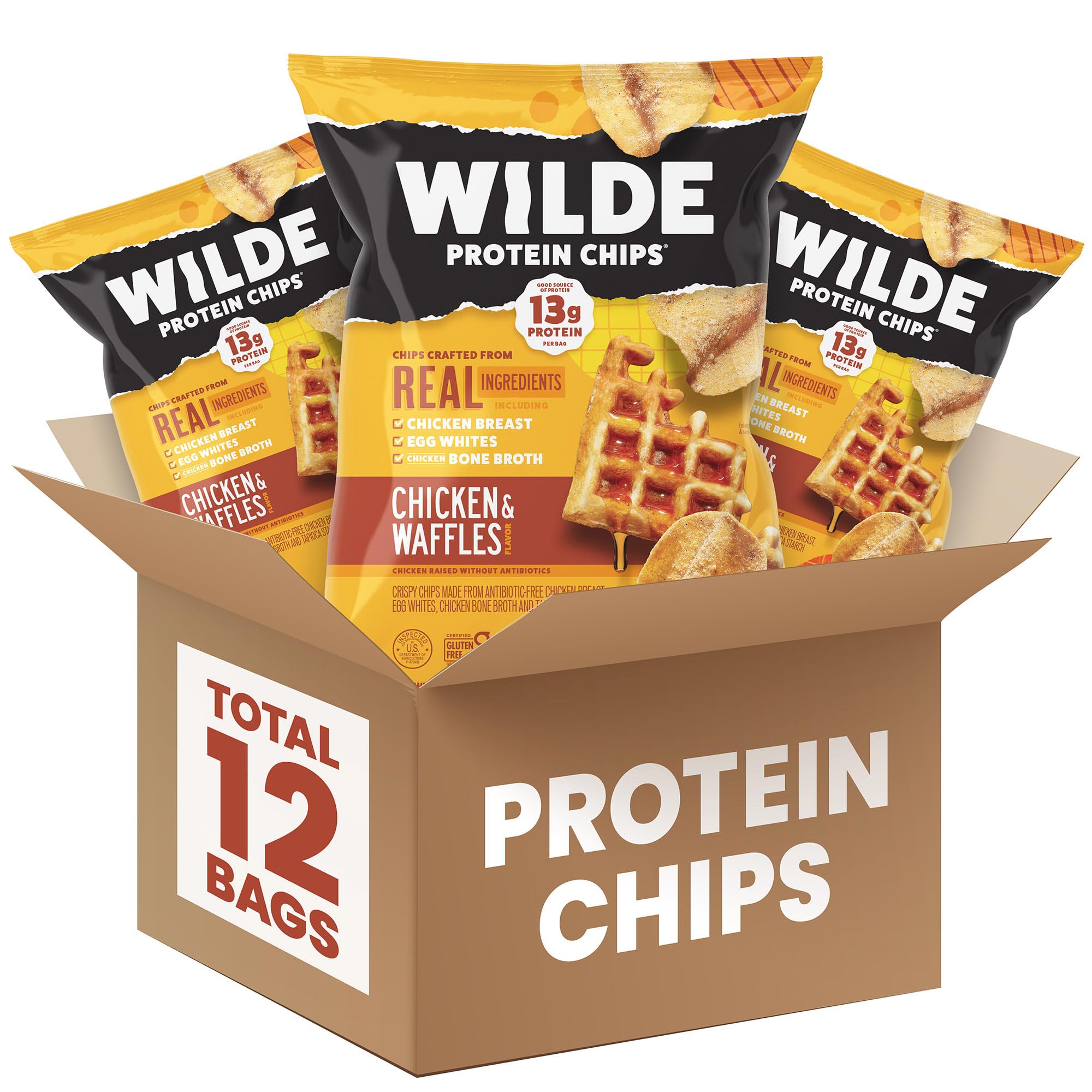 Wilde Chips frontal del paquete Chicken & Waffles mostrando diseño y tamaño práctico