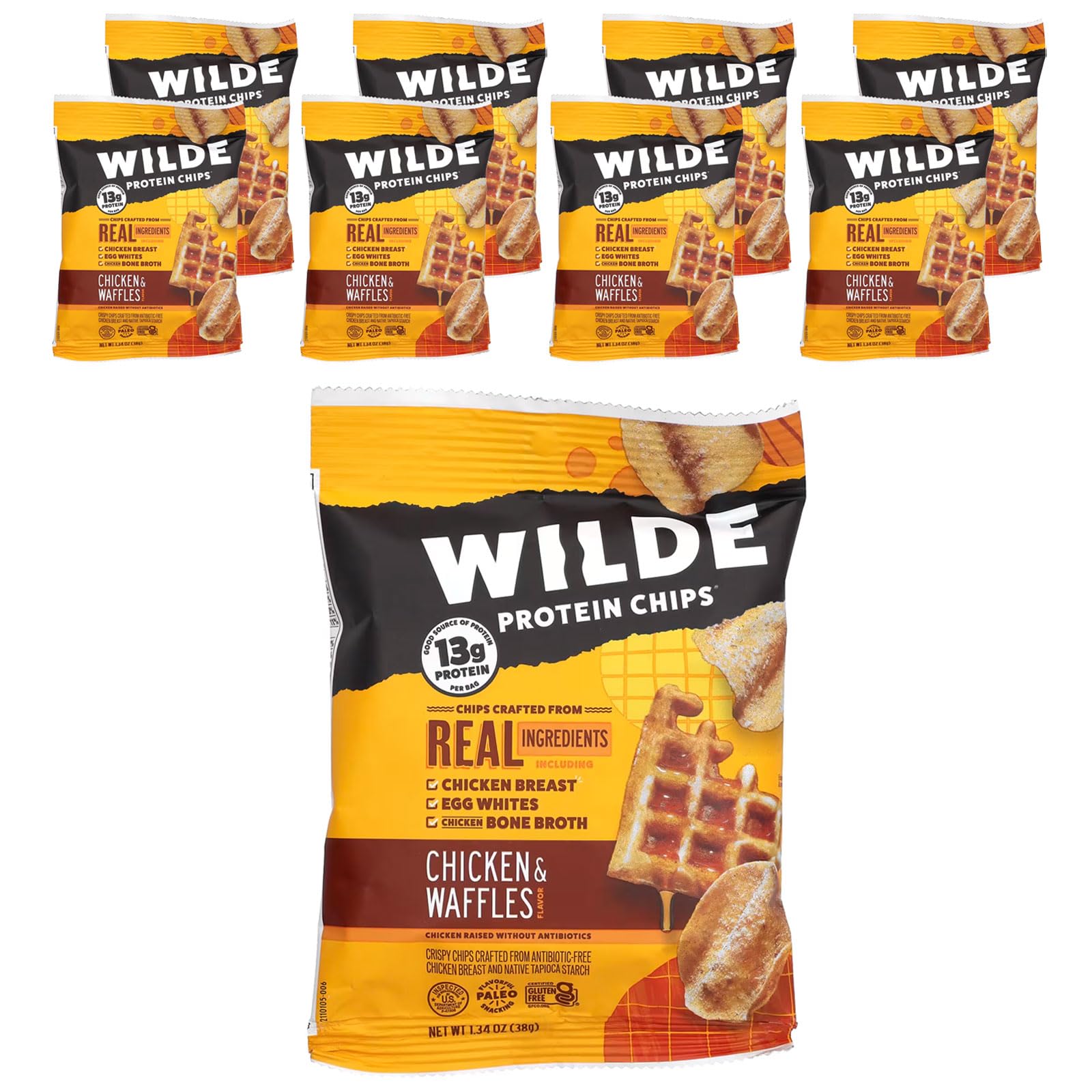 Wilde Chips empaque frontal mostrando sabor Chicken & Waffles y beneficios proteicos