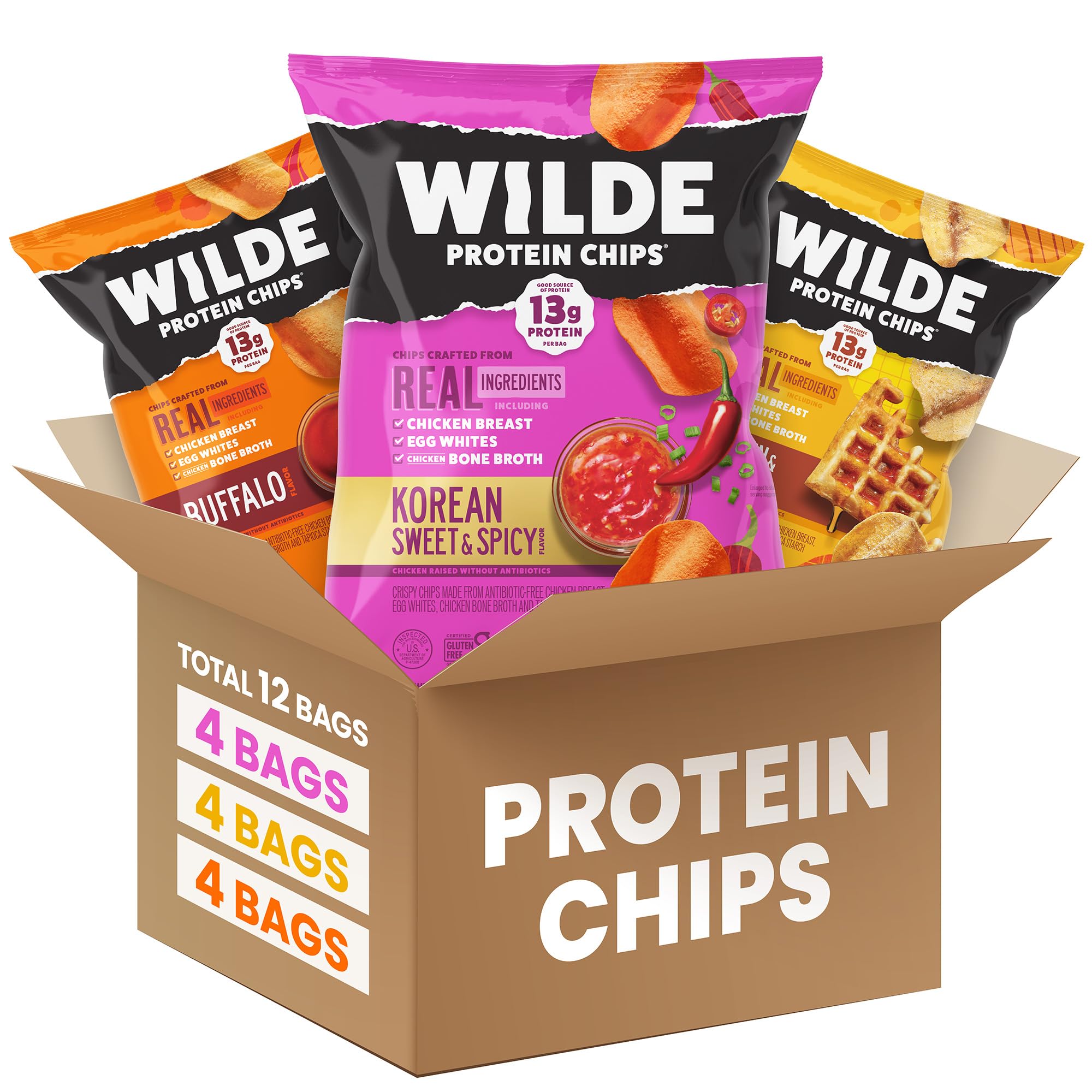 Wilde Chips pack frontal mostrando las 12 bolsas y beneficios proteicos