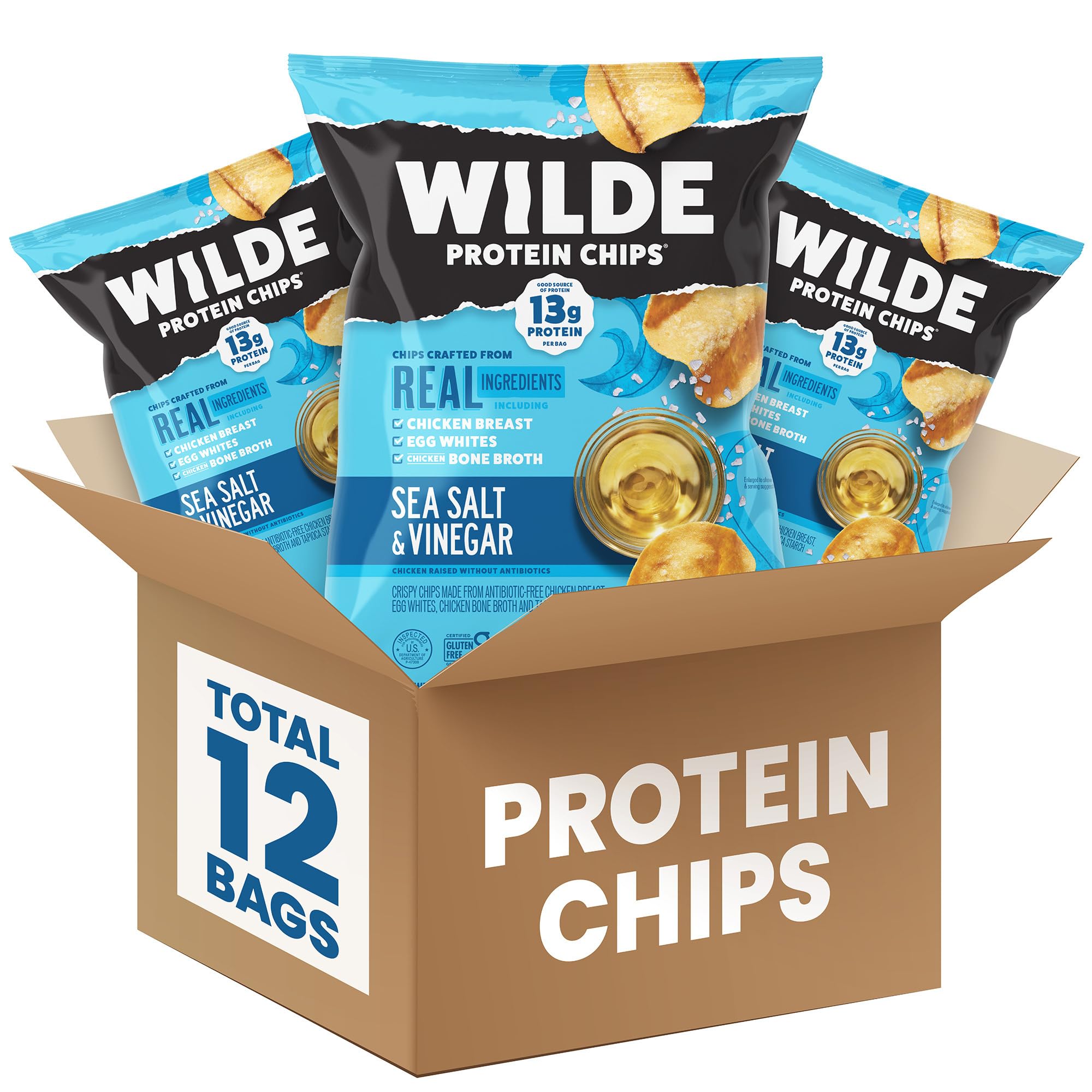 WILDE empaque frontal Sea Salt & Vinegar mostrando pack de 12 bolsas y beneficio proteína
