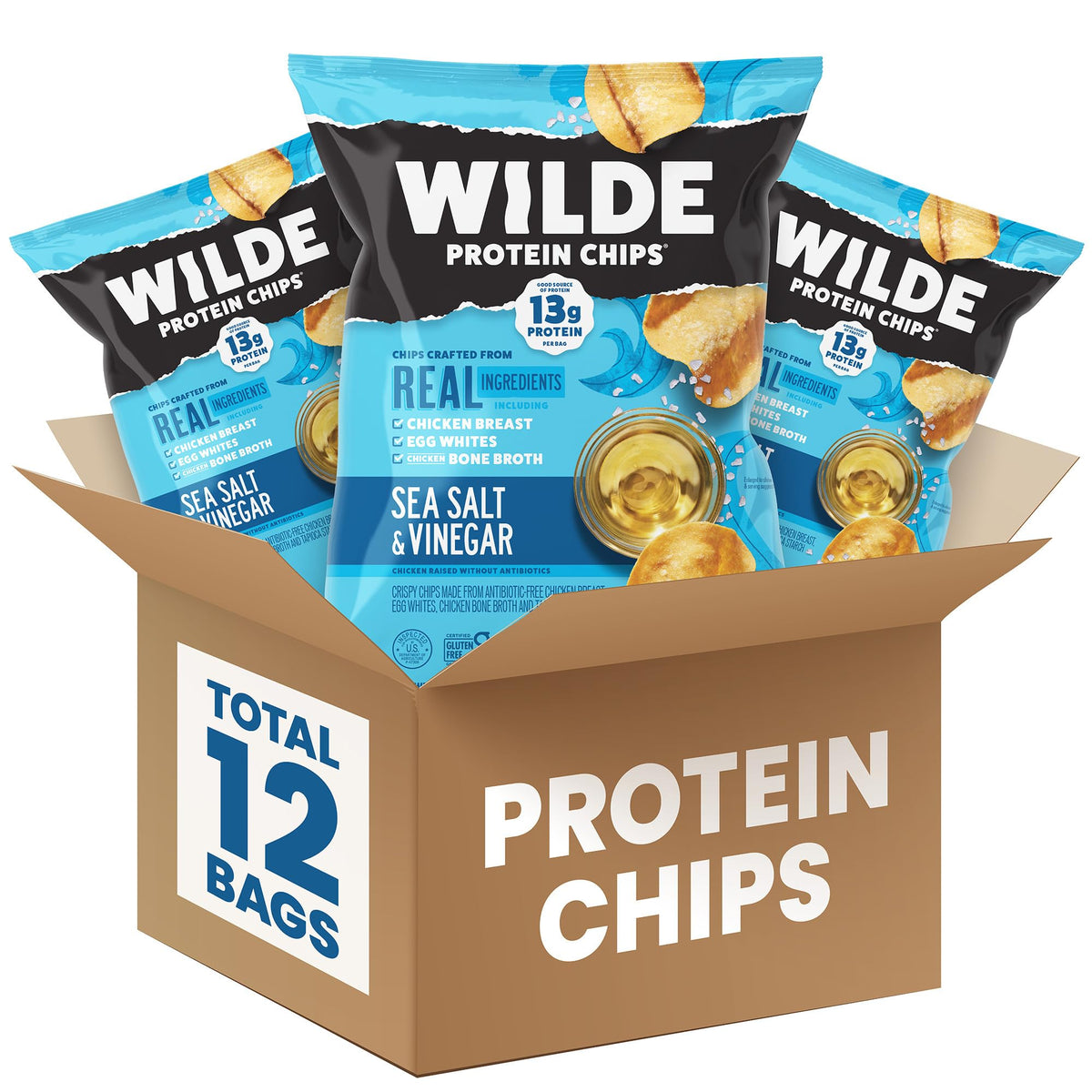 WILDE empaque frontal Sea Salt & Vinegar mostrando pack de 12 bolsas y beneficio proteína