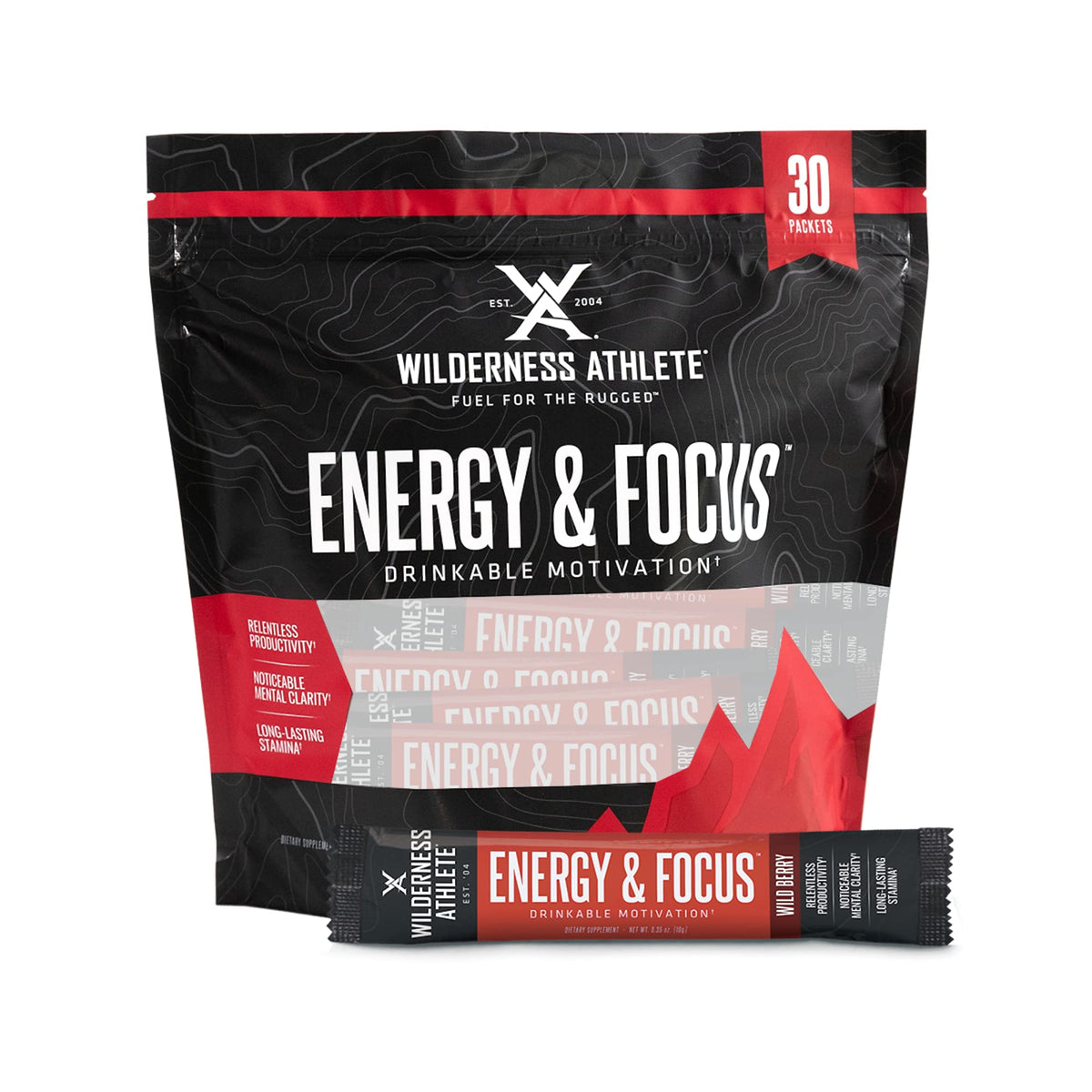 Wilderness Athlete frente del empaque Wild Berry mostrando 30 sobres y beneficio práctico