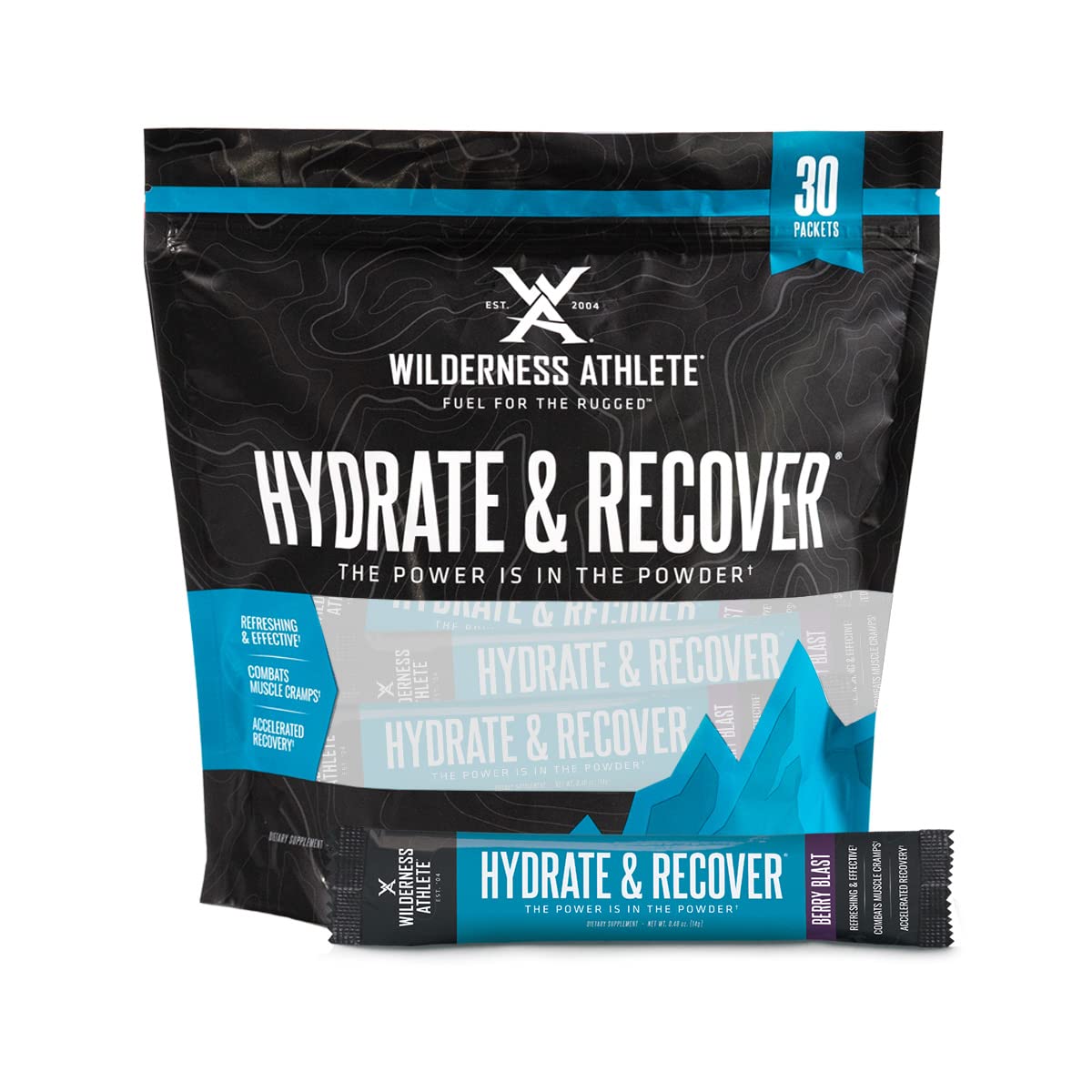 Wilderness Athlete frente del empaque mostrando 30 sobres y beneficio portabilidad