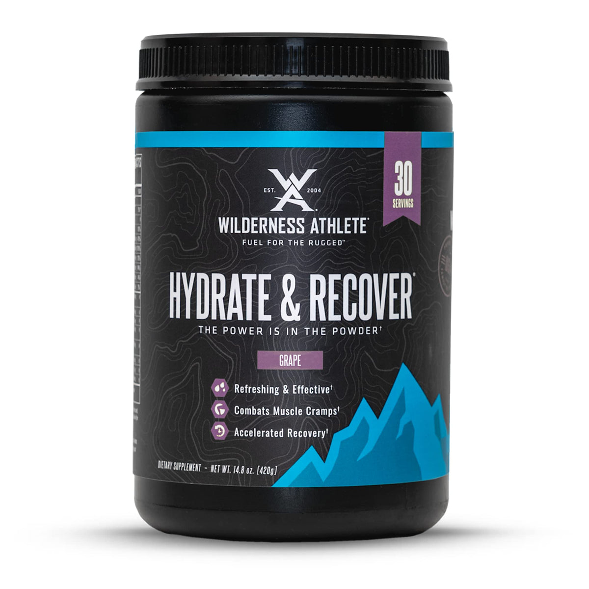 Wilderness Athlete frasco frontal mostrando 30 servicios y sabor uva, fácil de llevar