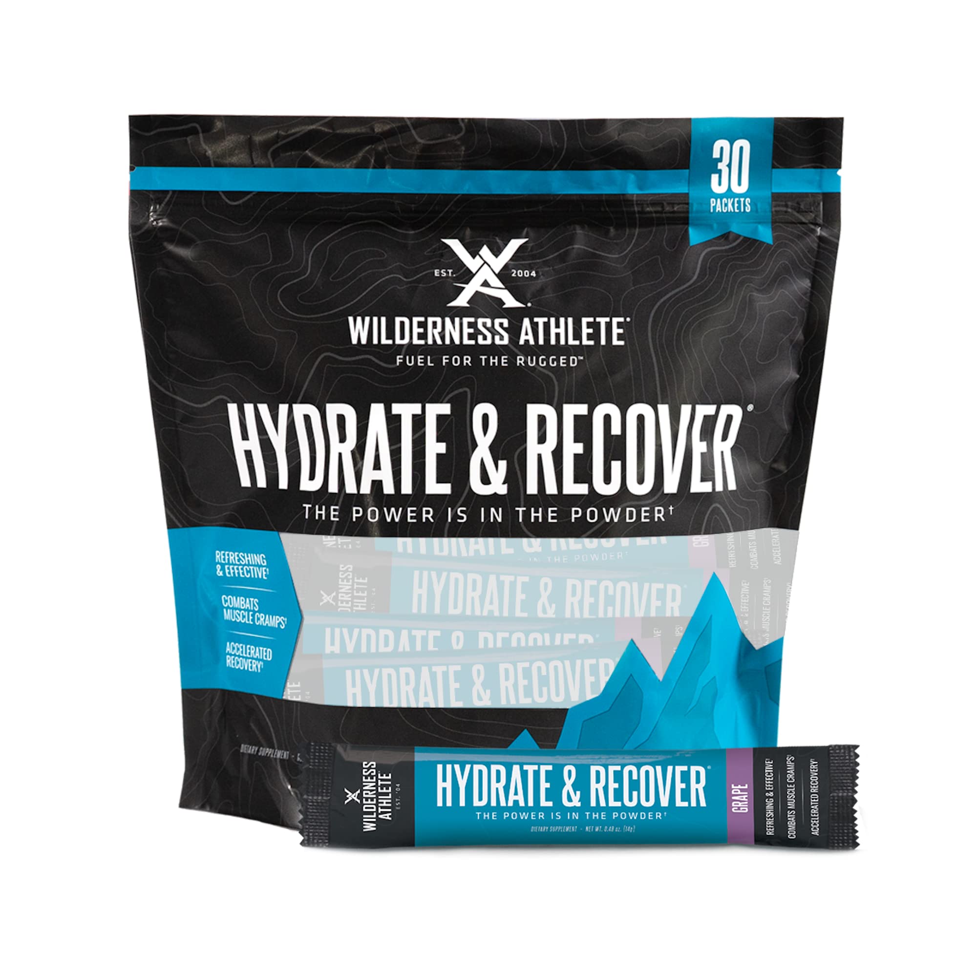 Wilderness Athlete frente del empaque mostrando 30 sobres y beneficio de portabilidad