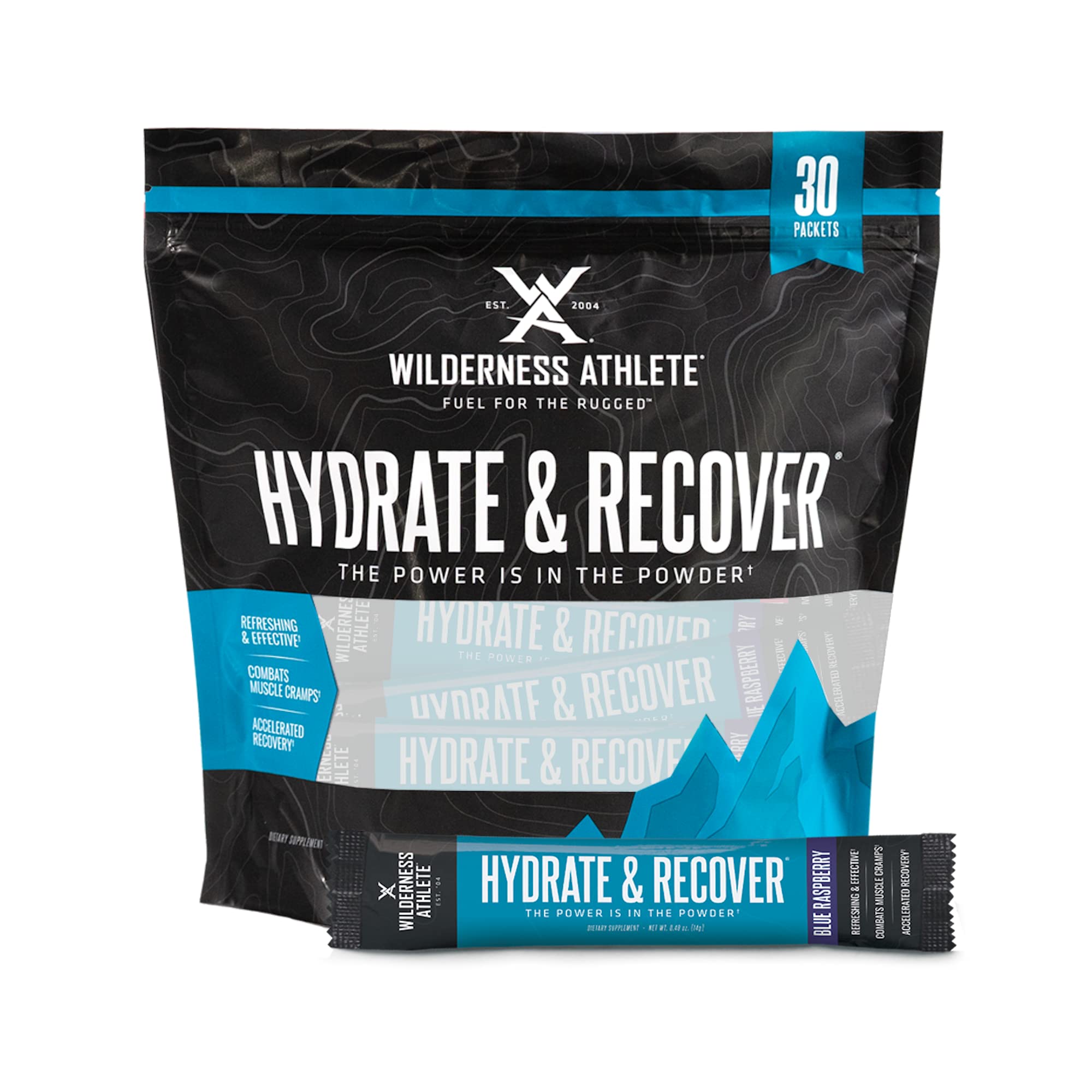 Wilderness Athlete frente del paquete mostrando 30 sobres y conveniencia