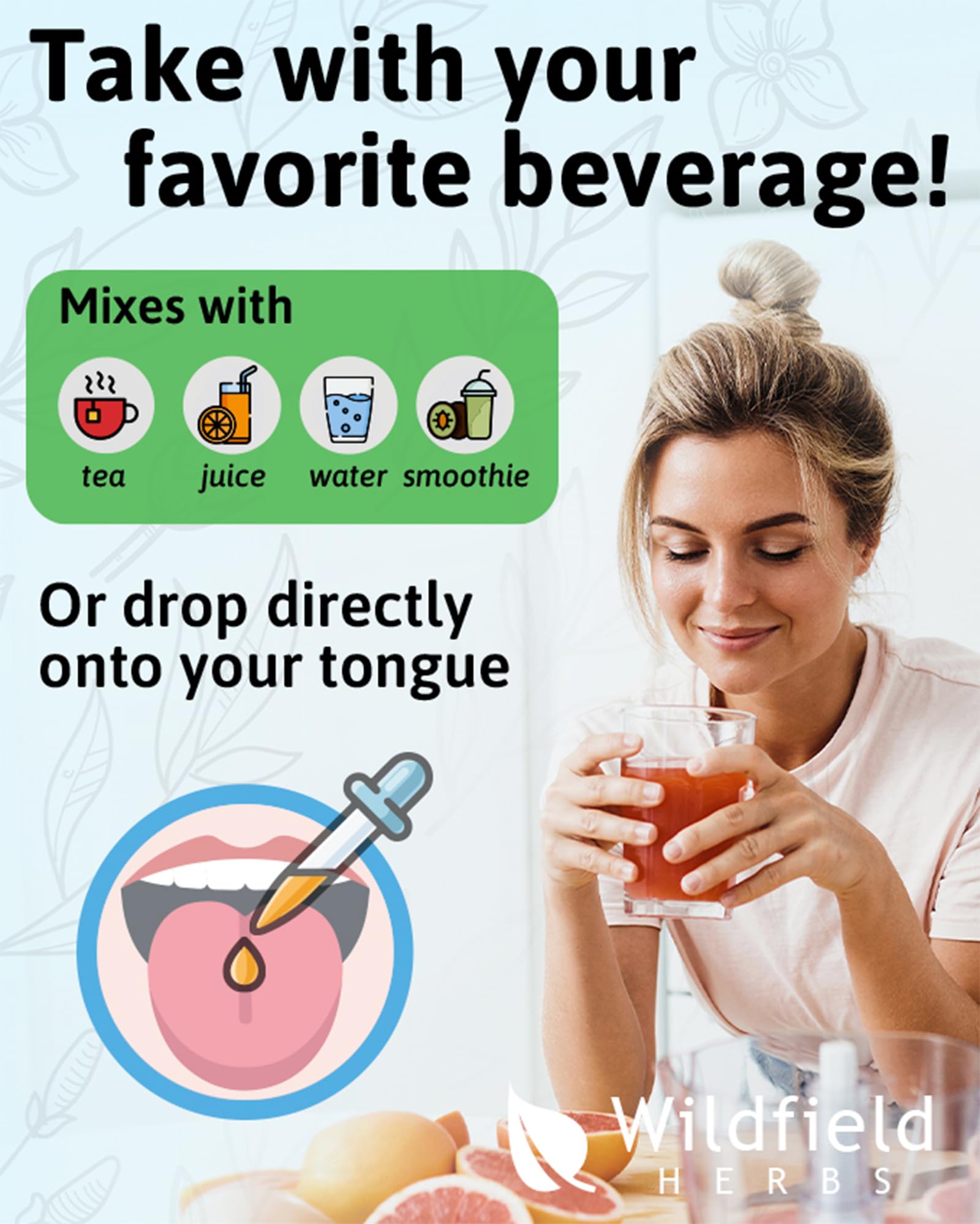 WILDFIELD HERBS botella en manos que ilustra uso cómodo y diario