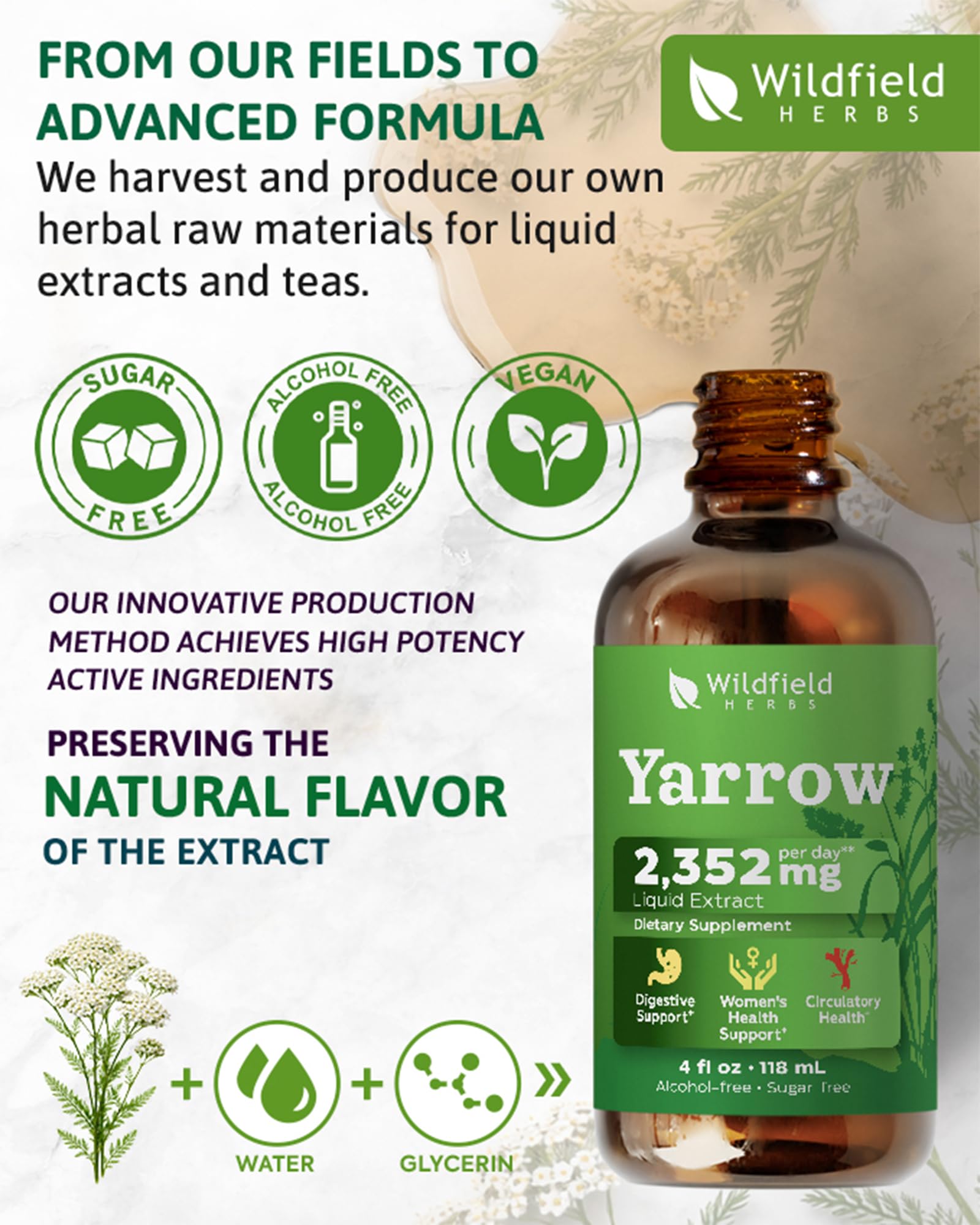 WILDFIELD HERBS enfoque en etiqueta con ingredientes y beneficios claros