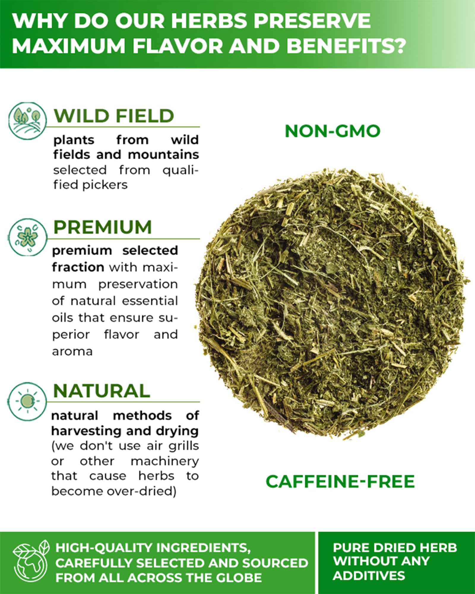 WILDFIELD HERBS primer plano de textura de hojas secas, garantía de aroma