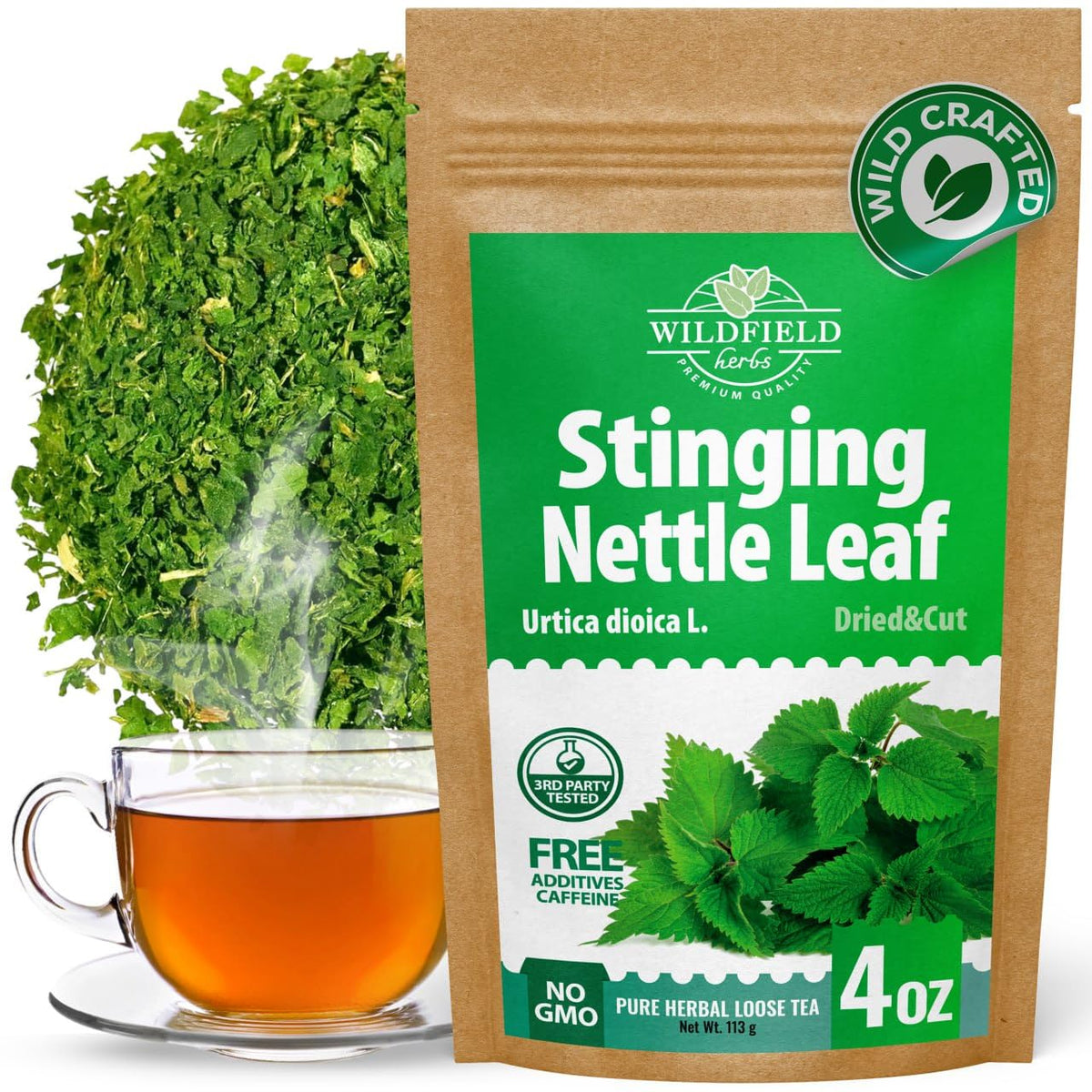 WILDFIELD HERBS paquete frontal mostrando 113 g de ortiga, confianza y calidad