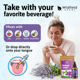 WILDFIELD HERBS primer plano del gotero mostrando medidas de uso