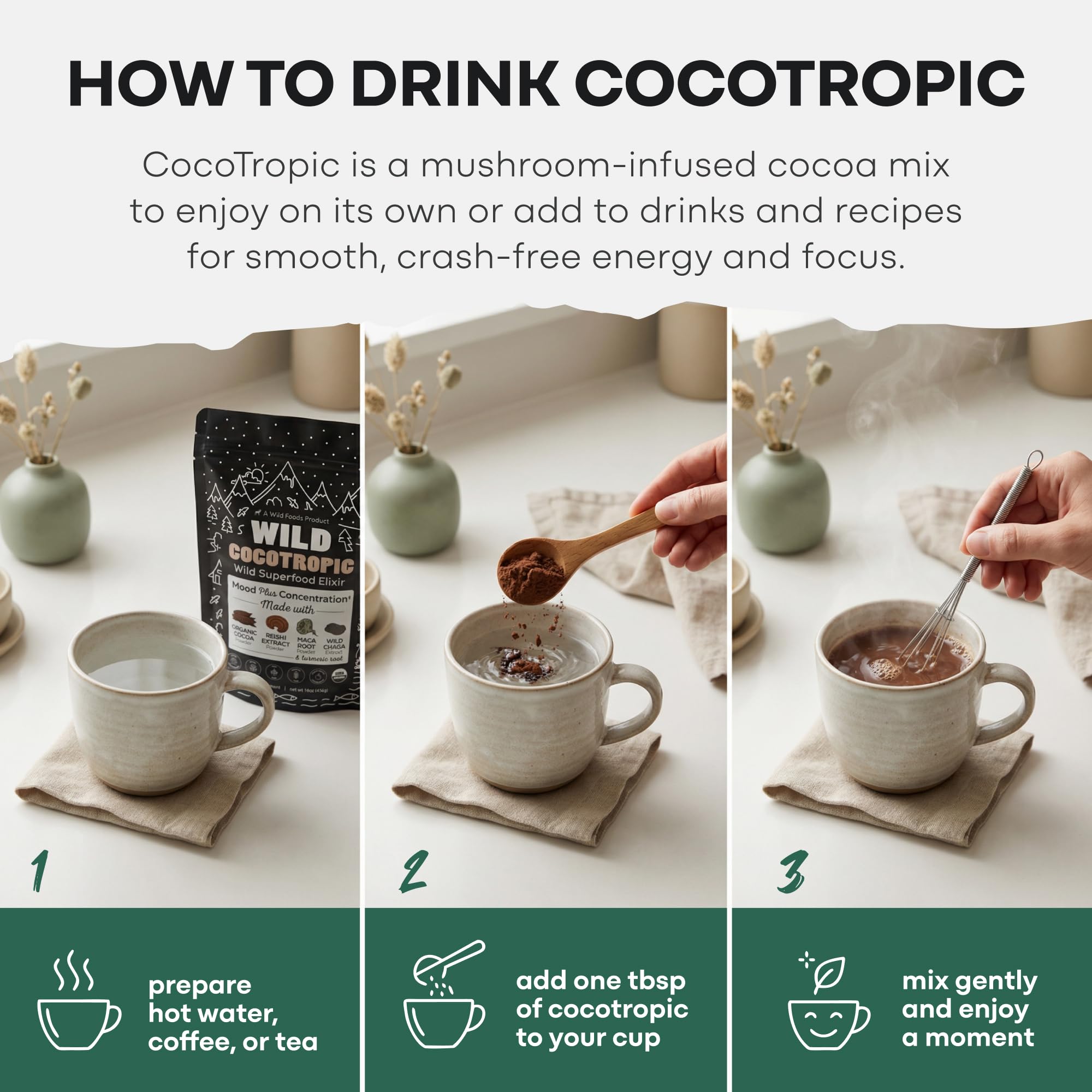 Wild Foods taza humeante mostrando bebida cremosa y reconfortante
