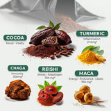 Wild Foods fondo con reishi, chaga y cacao mostrando ingredientes