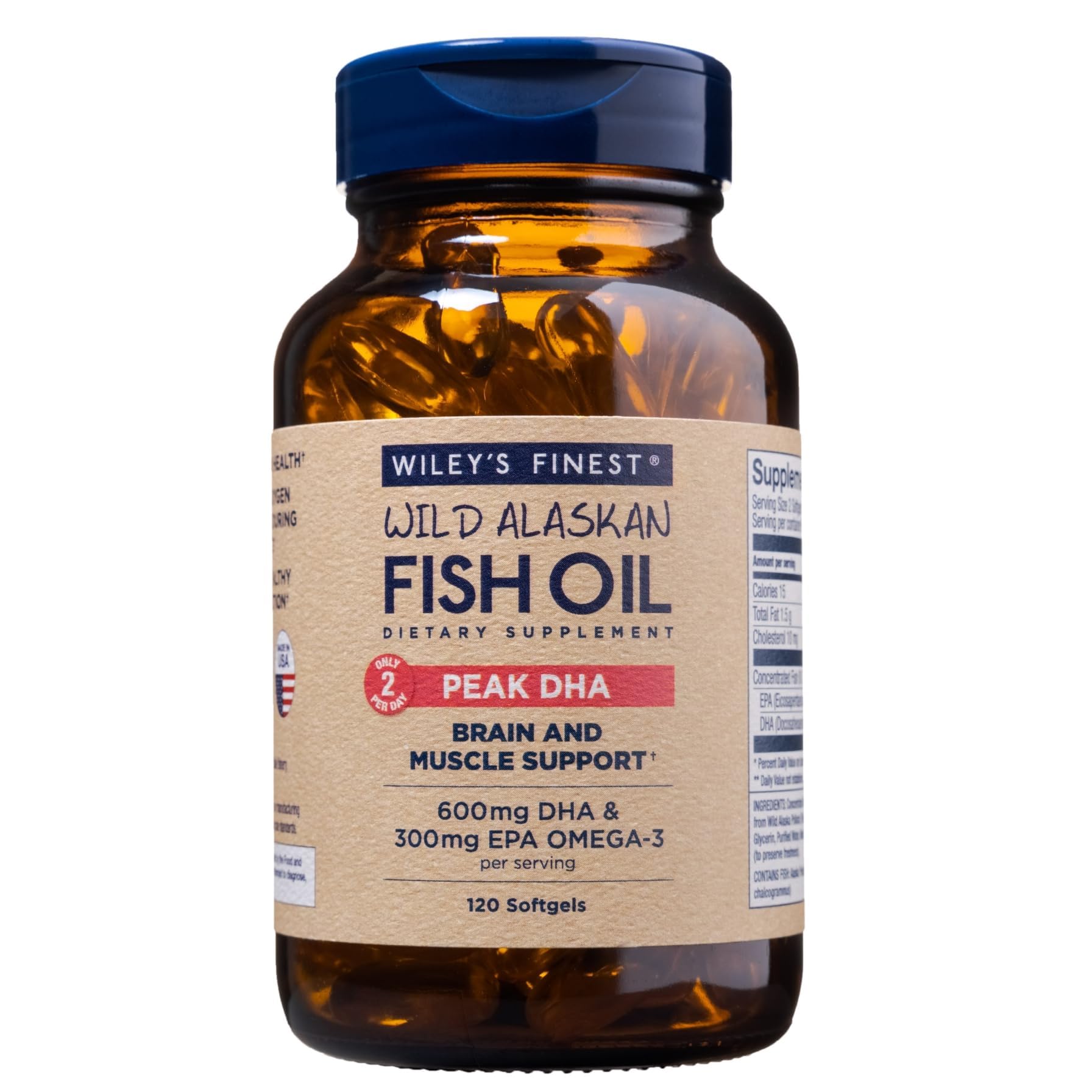 Wiley's Finest frasco frontal mostrando 120 softgels y etiqueta clara