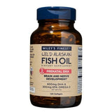 Wiley's Finest frasco frontal del prenatal con 120 softgels mostrando dosis clara