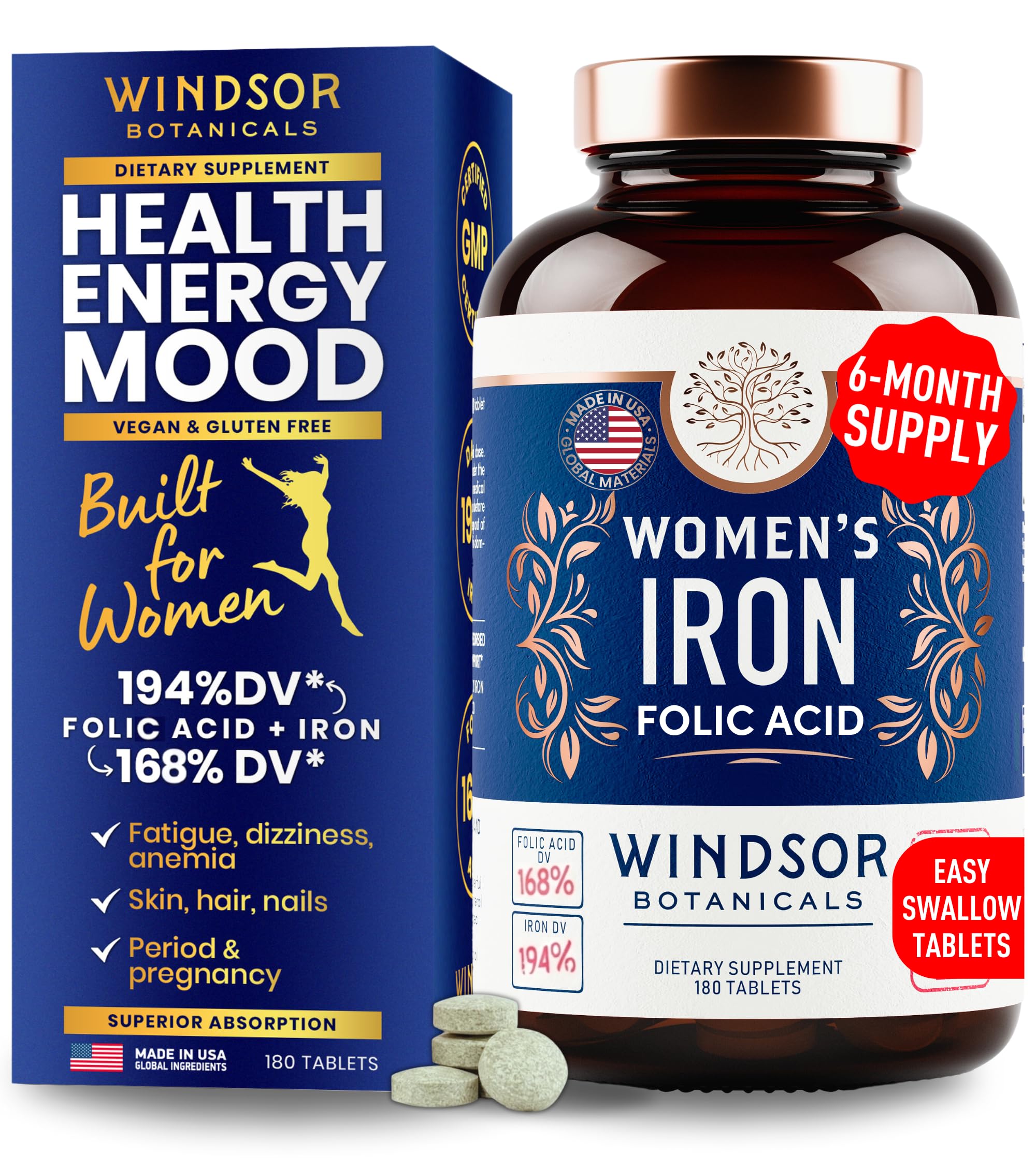 WINDSOR BOTANICALS frente del envase mostrando 180 tabletas y beneficios claros