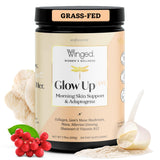 Winged Wellness envase Glow Up AM vista frontal que muestra diseño y 21 servicios