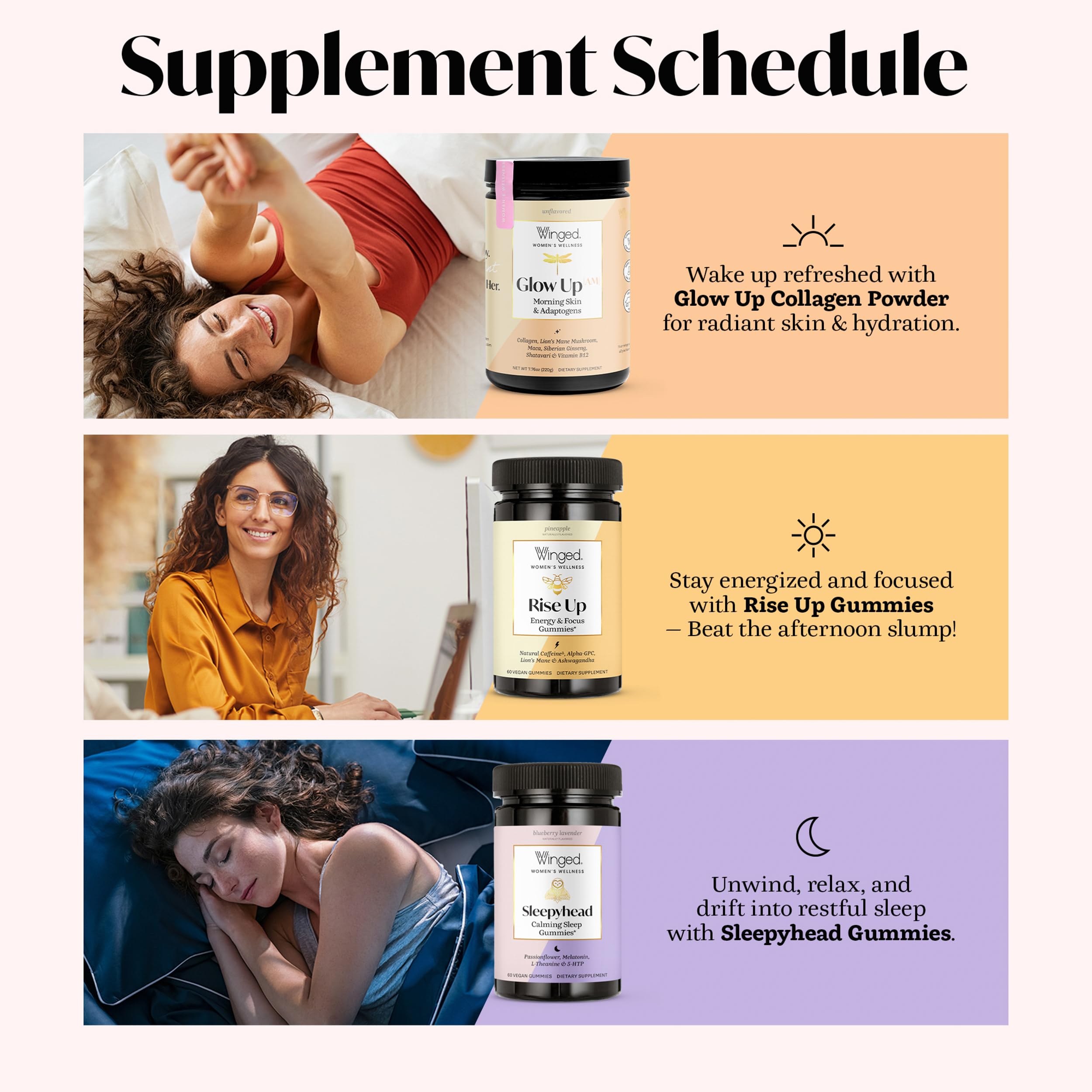 Winged Wellness etiqueta nutricional destacando ingredientes y pruebas