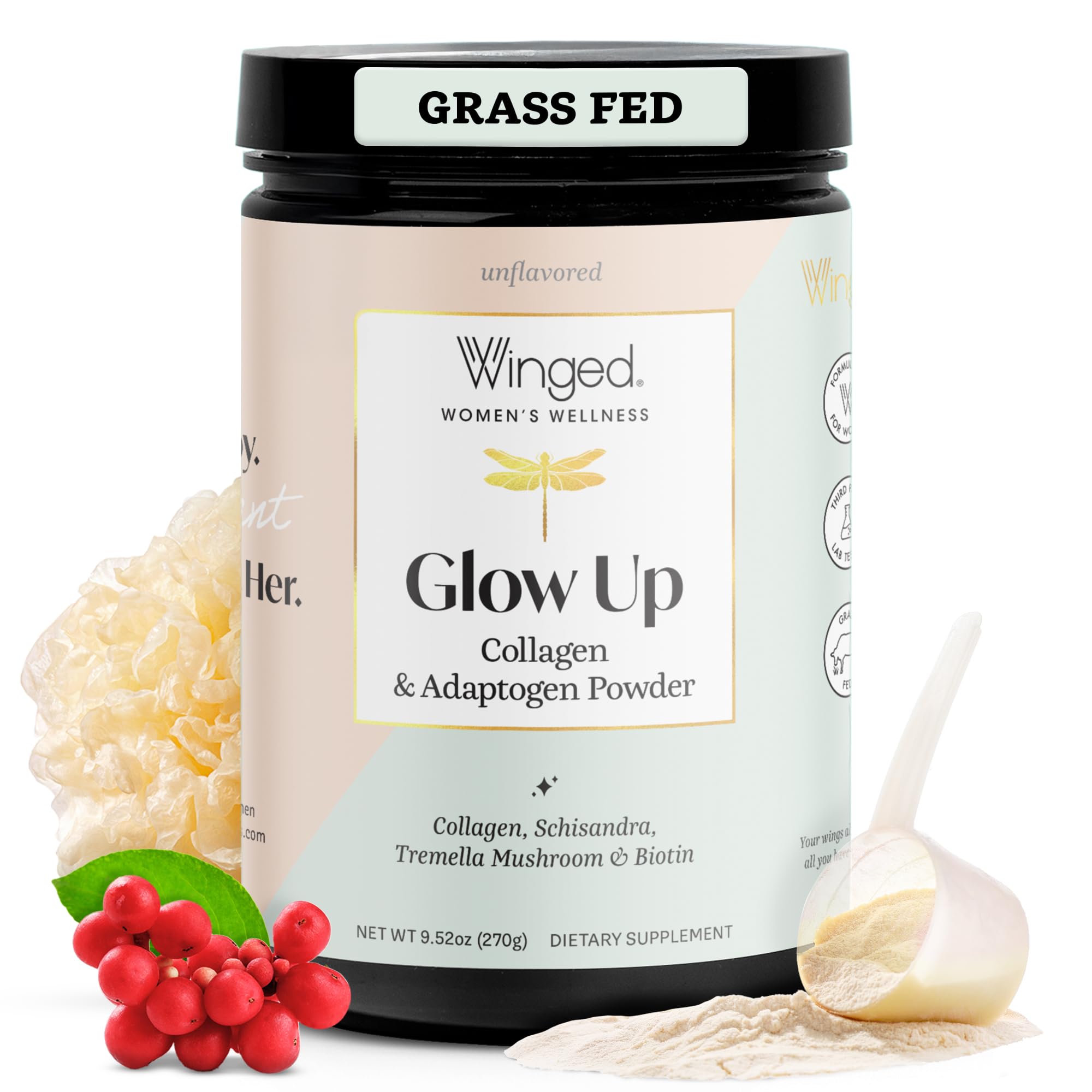 Winged Wellness frente del empaque mostrando diseño y porciones