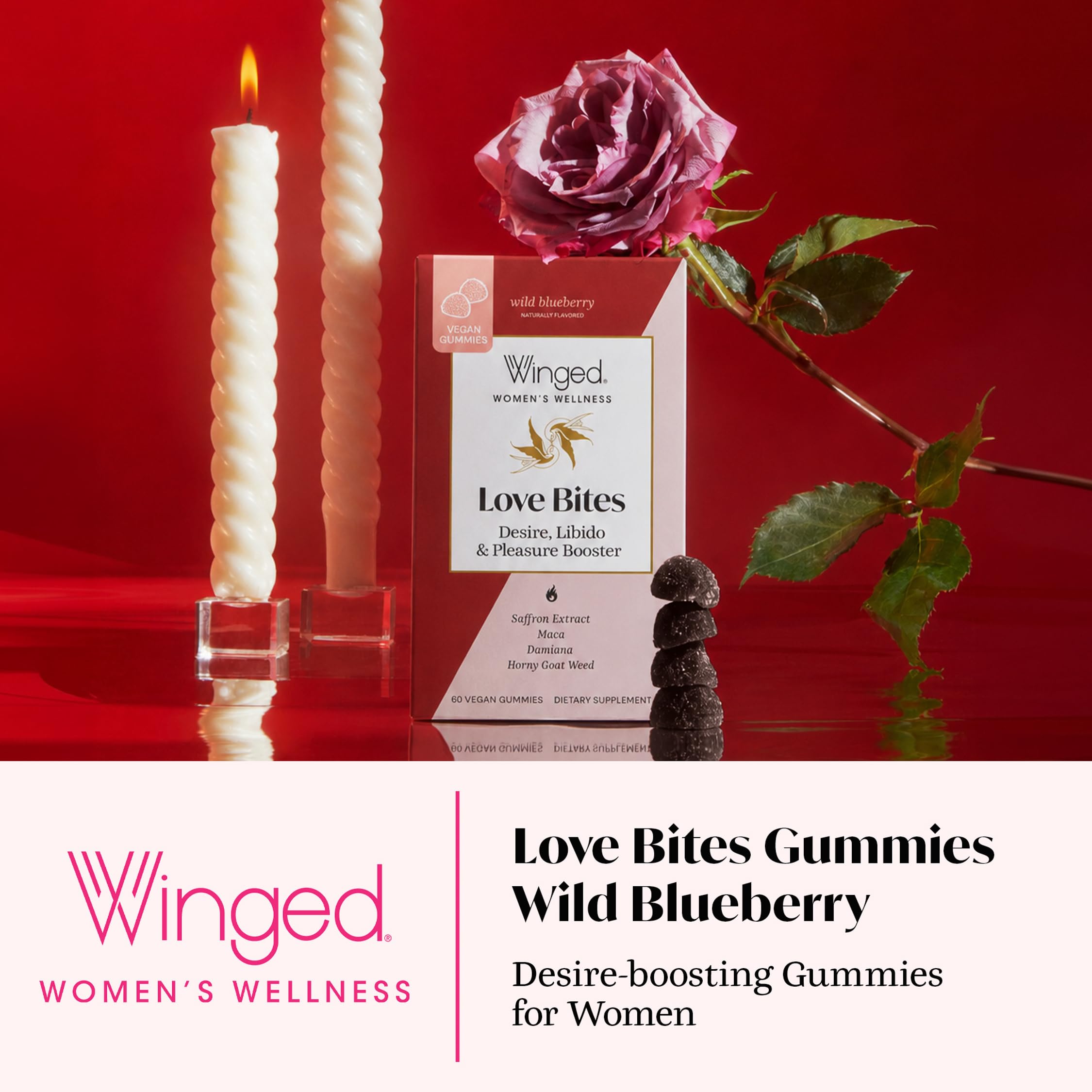 Winged Wellness primer plano de una gominola arándano, atractivo sabor