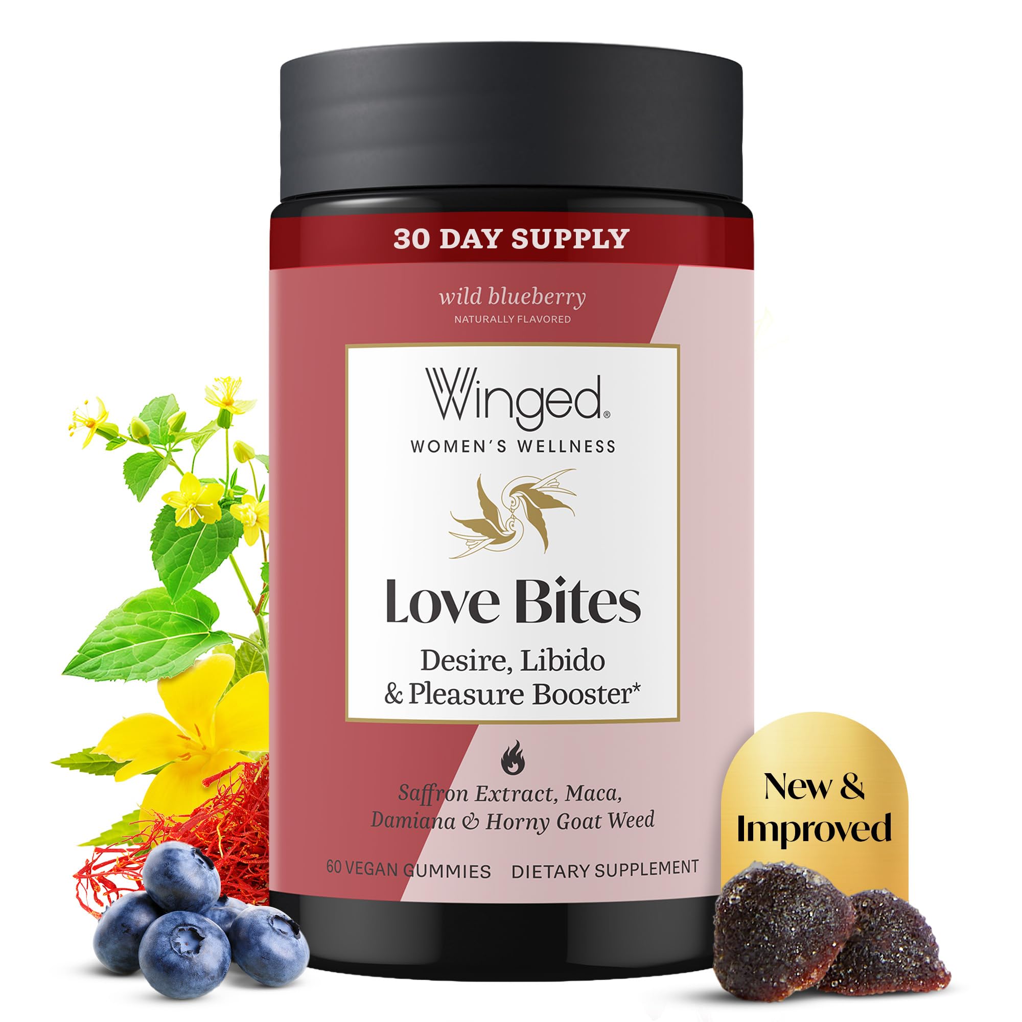 Winged Wellness frasco delantero mostrando 60 gominolas y beneficios