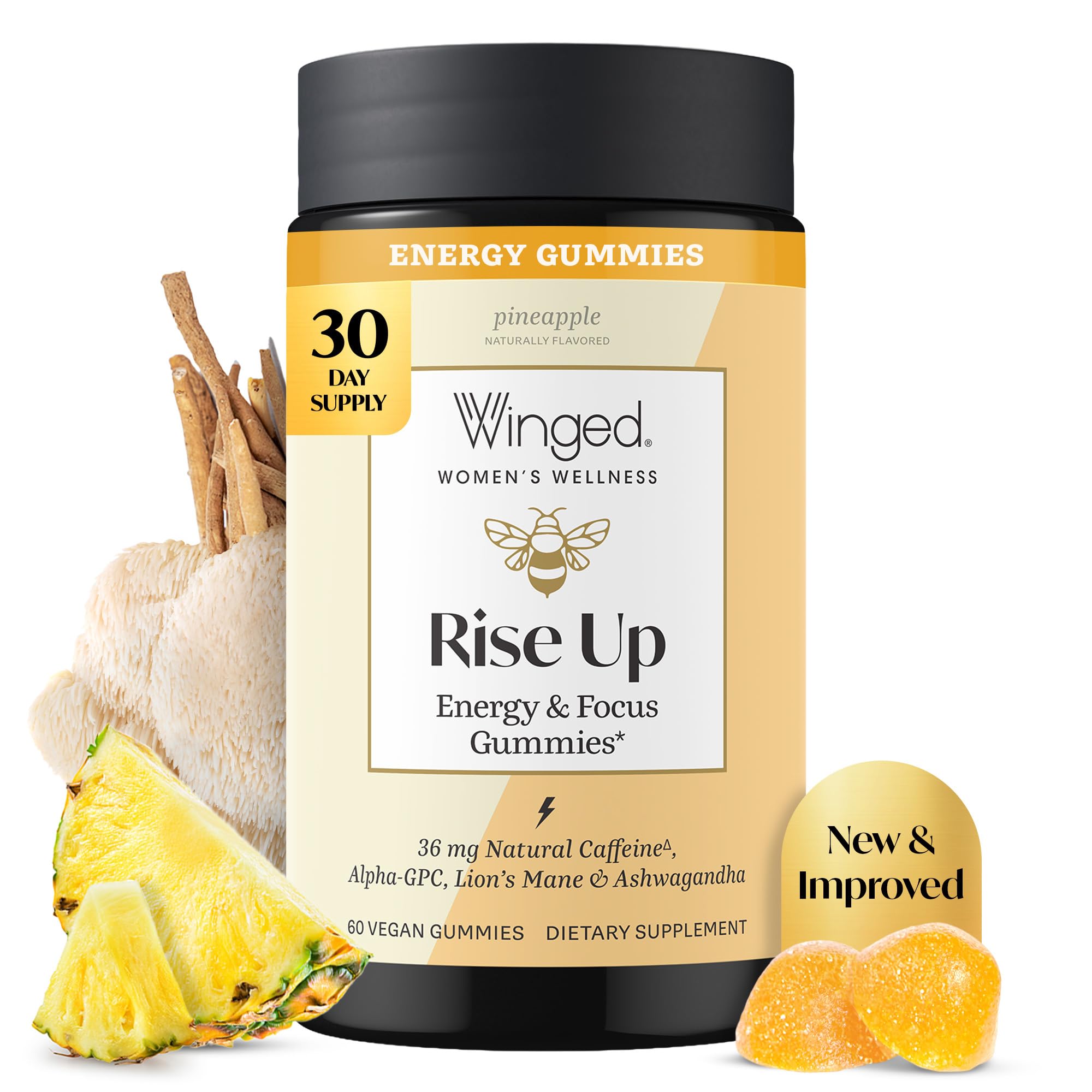 Winged Wellness frasco frontal con etiqueta clara, muestra confianza y beneficio diario