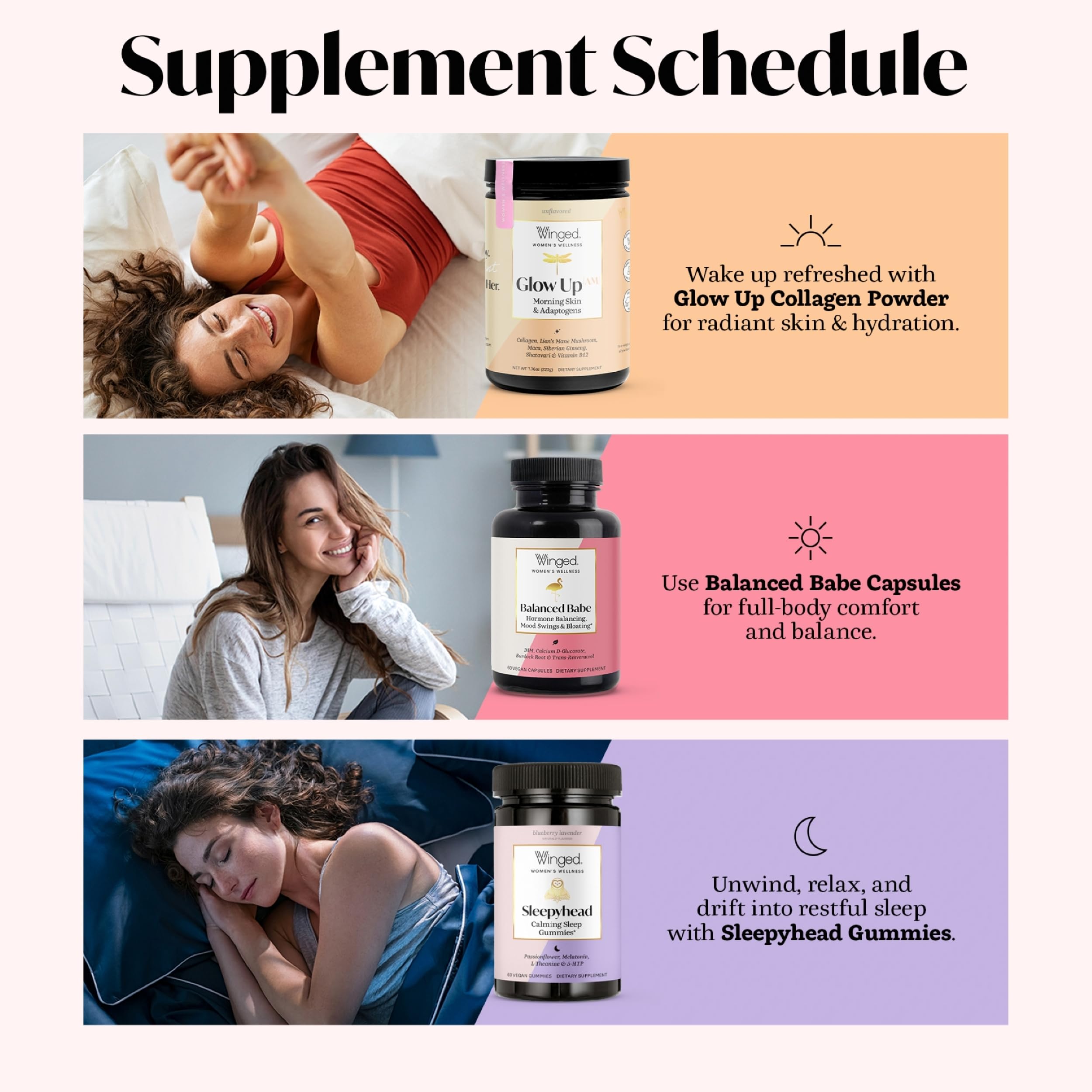 Winged Wellness frasco junto a mano para comparar tamaño y cantidad de cápsulas