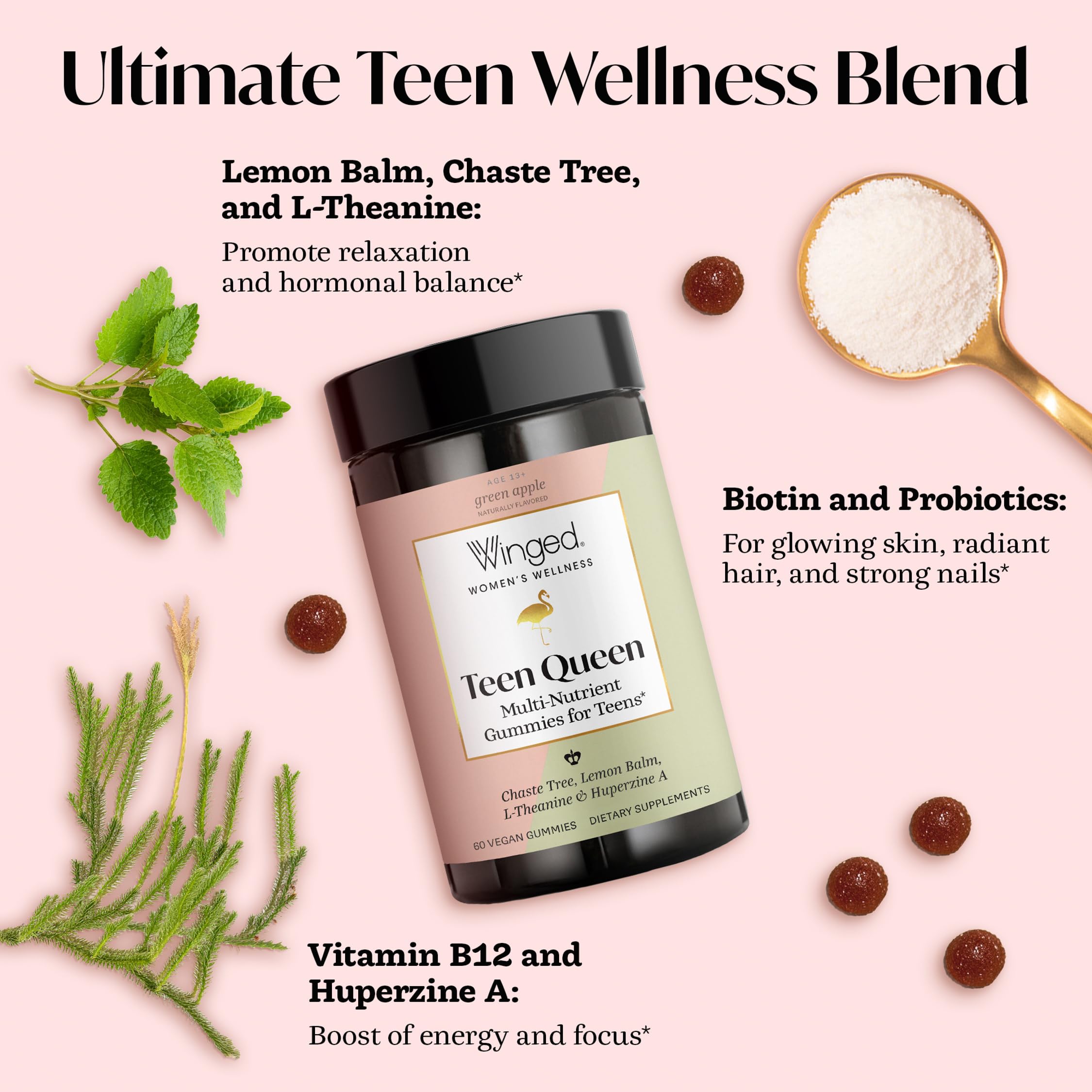 Etiqueta de Winged Wellness Teen Queen con ingredientes clave visibles para confianza