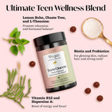 Etiqueta de Winged Wellness Teen Queen con ingredientes clave visibles para confianza