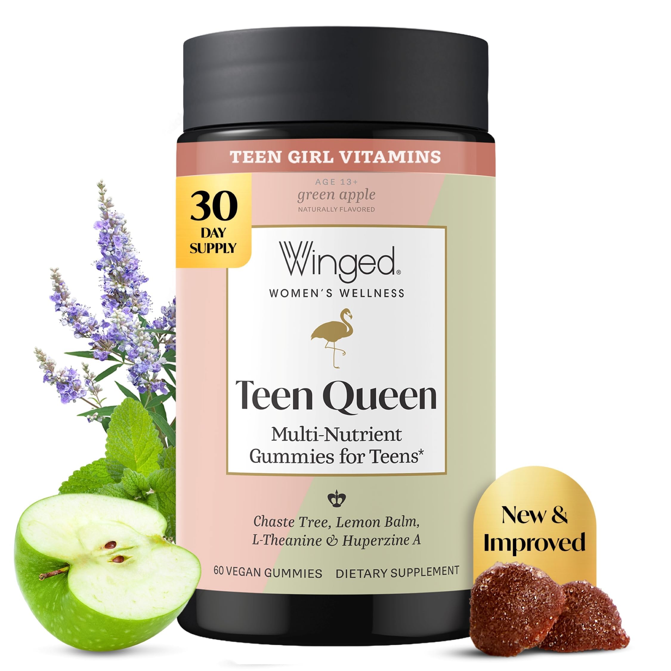 Winged Wellness frasco delantero que muestra las gomitas y beneficio de multinutrientes