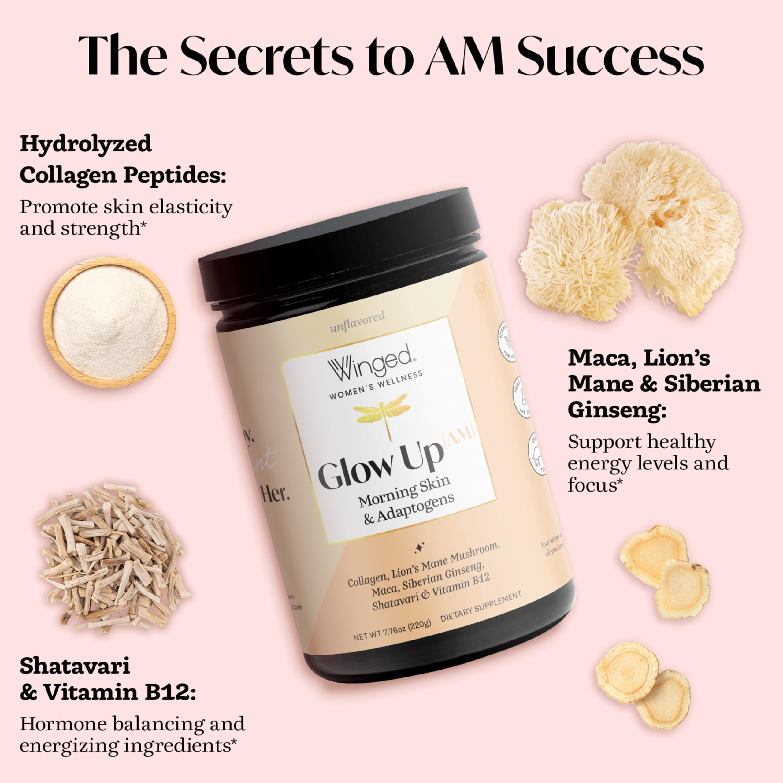 Vaso con bebida mezclada con Winged Wellness Glow Up AM brindando energía matutina