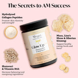 Vaso con bebida mezclada con Winged Wellness Glow Up AM brindando energía matutina