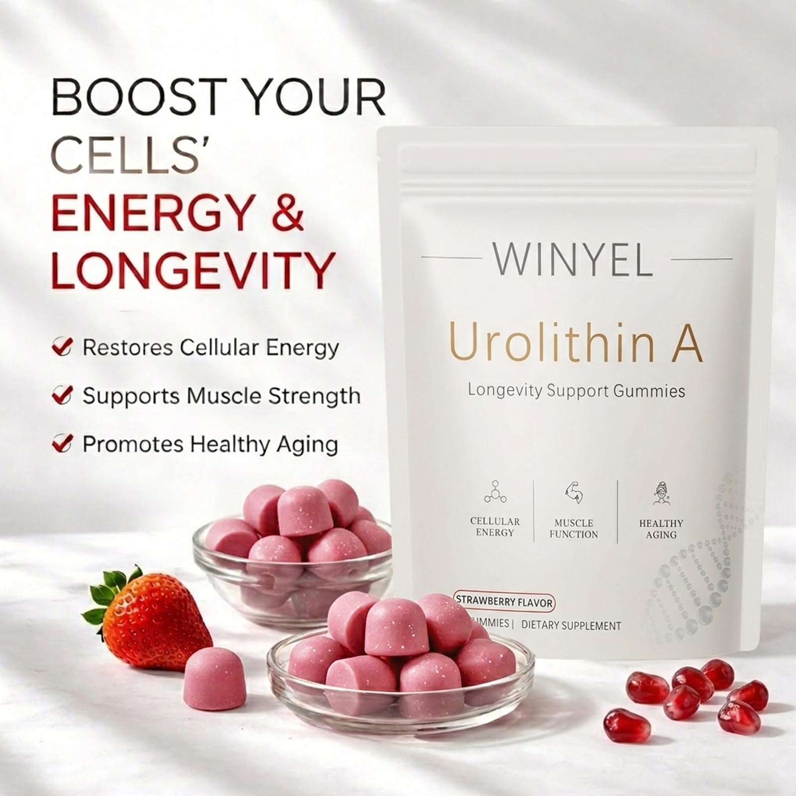 WINYEL frasco abierto con gominolas esparcidas mostrando cantidad y color fresa