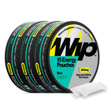 Wip lata frontal mostrando 15 pouches y etiquetado claro, fácil transporte