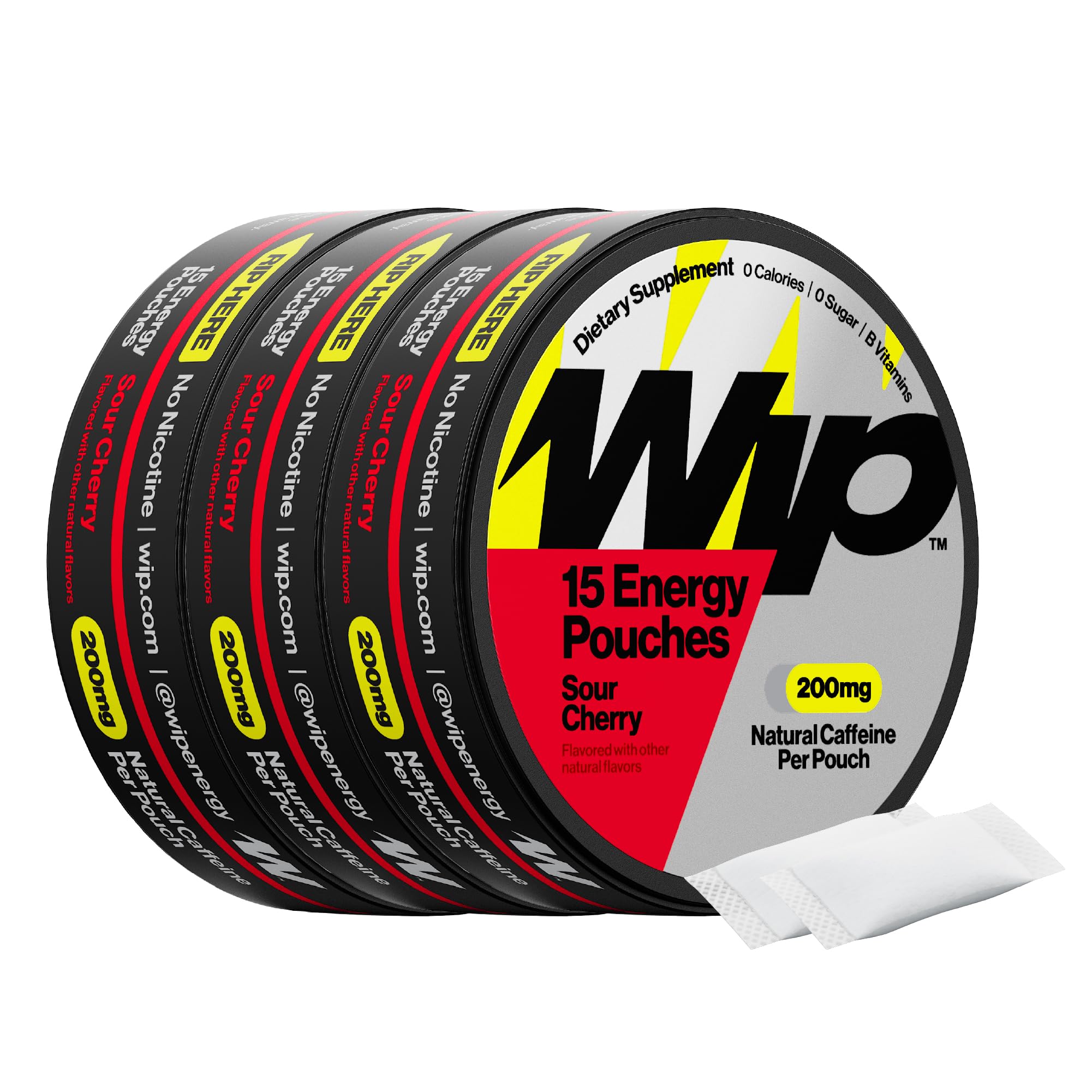 Wip lata frontal mostrando 15 pouches y beneficio de energía portátil
