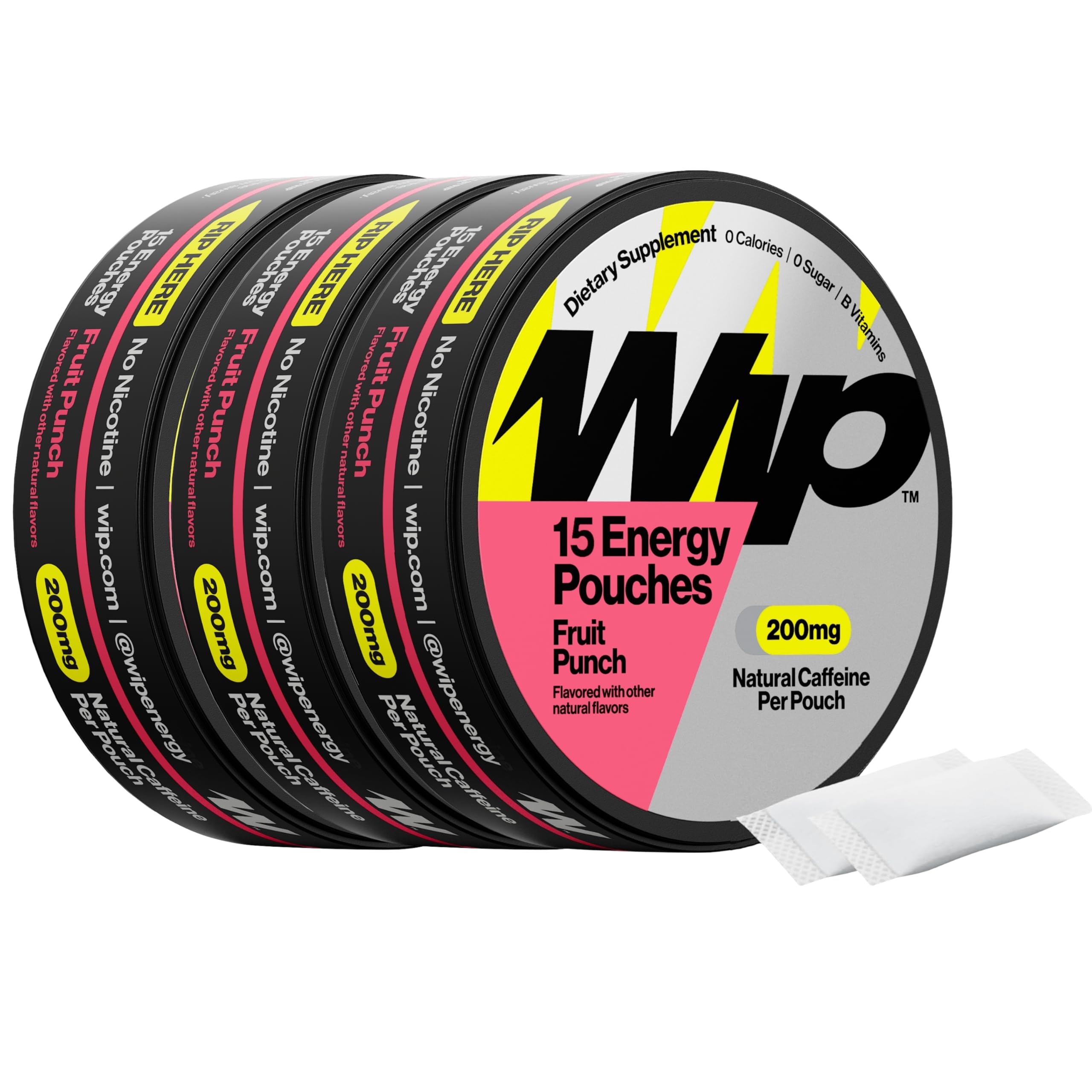 Wip lata frontal con sobres Fruit Punch mostrando conveniencia y portabilidad