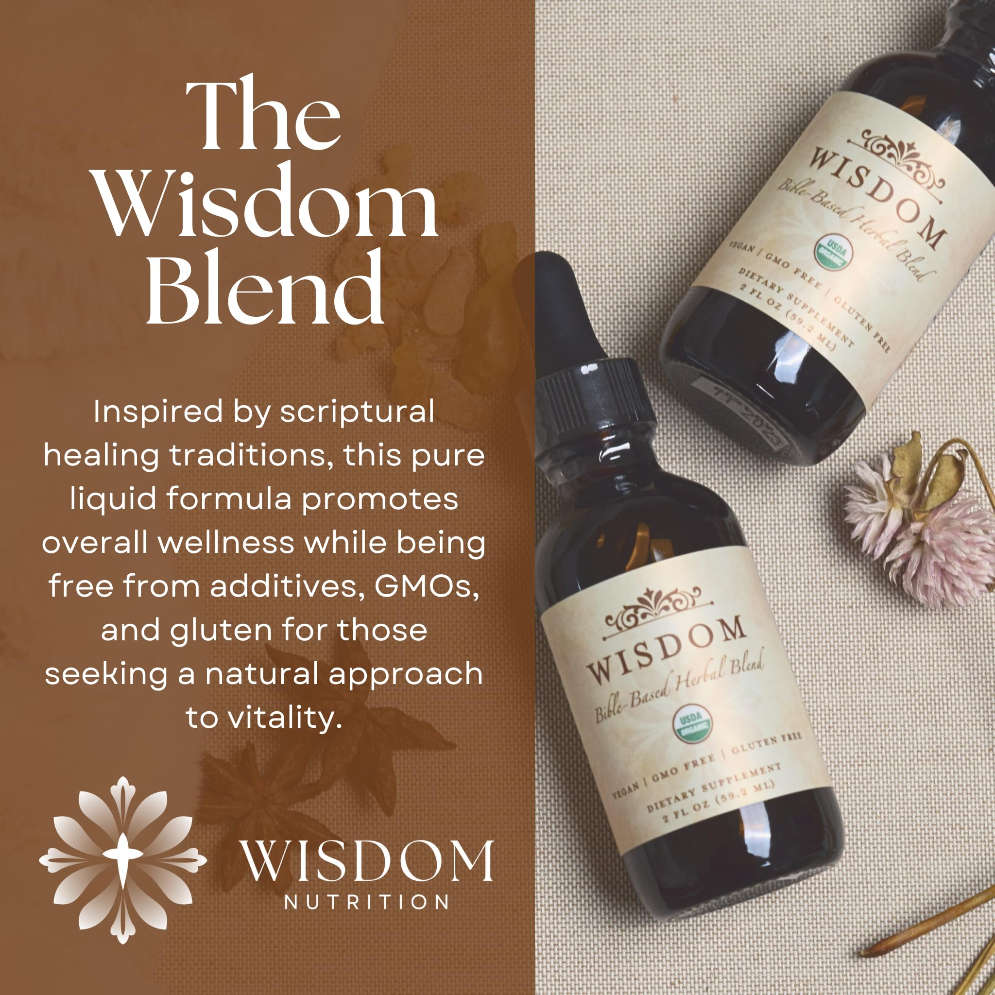 Wisdom Nutrition etiqueta con lista de ingredientes orgánicos visible