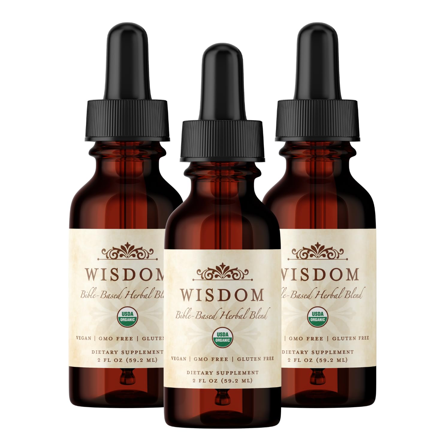 Wisdom Nutrition frasco frontal mostrando etiqueta clara y formato 2oz
