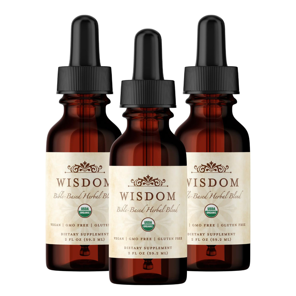 Wisdom Nutrition frasco frontal mostrando etiqueta clara y formato 2oz