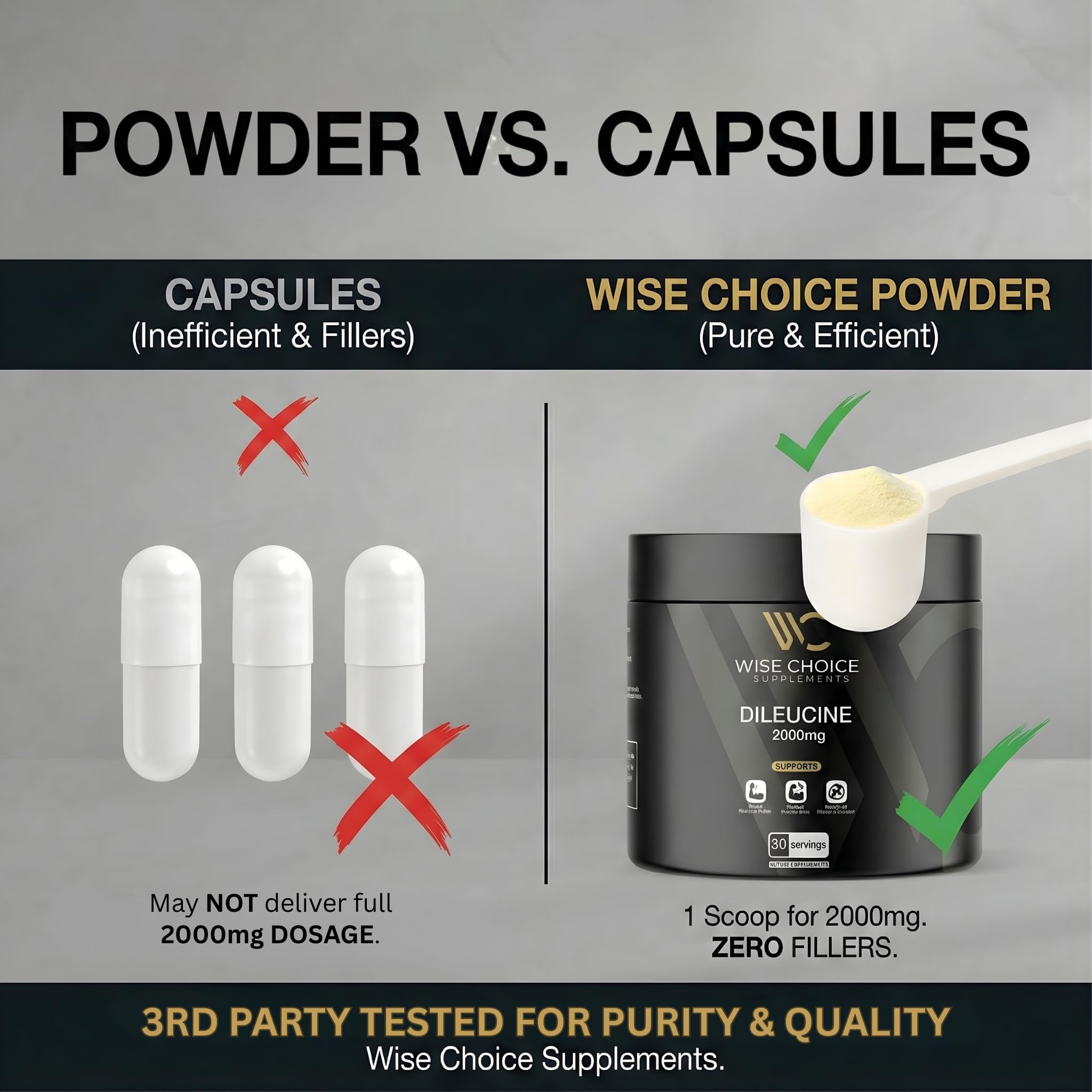 WISE CHOICE SUPPLEMENTS envase junto a una botella para referencia de tamaño