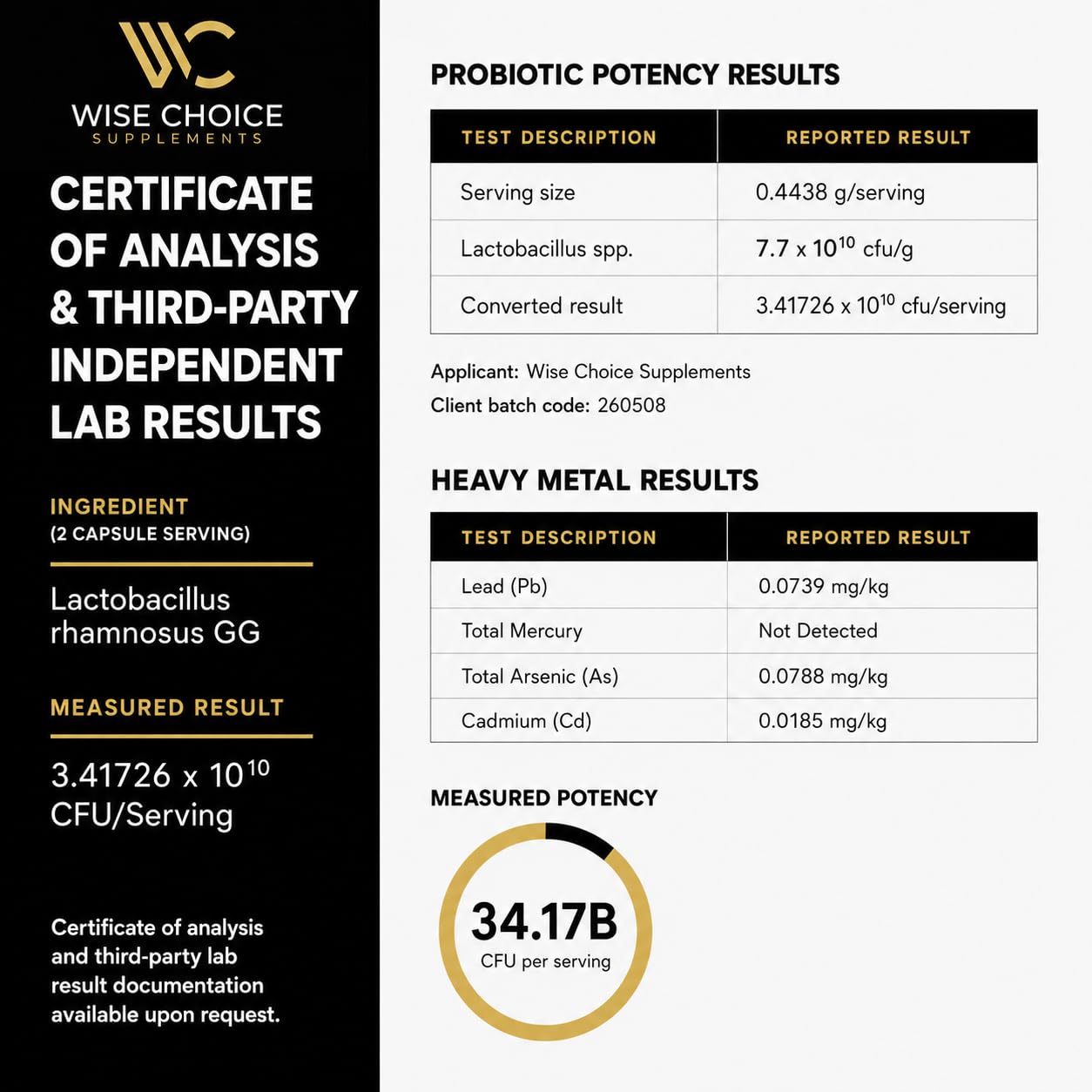 WISE CHOICE SUPPLEMENTS empaque destacando fórmula sin rellenos ni alérgenos