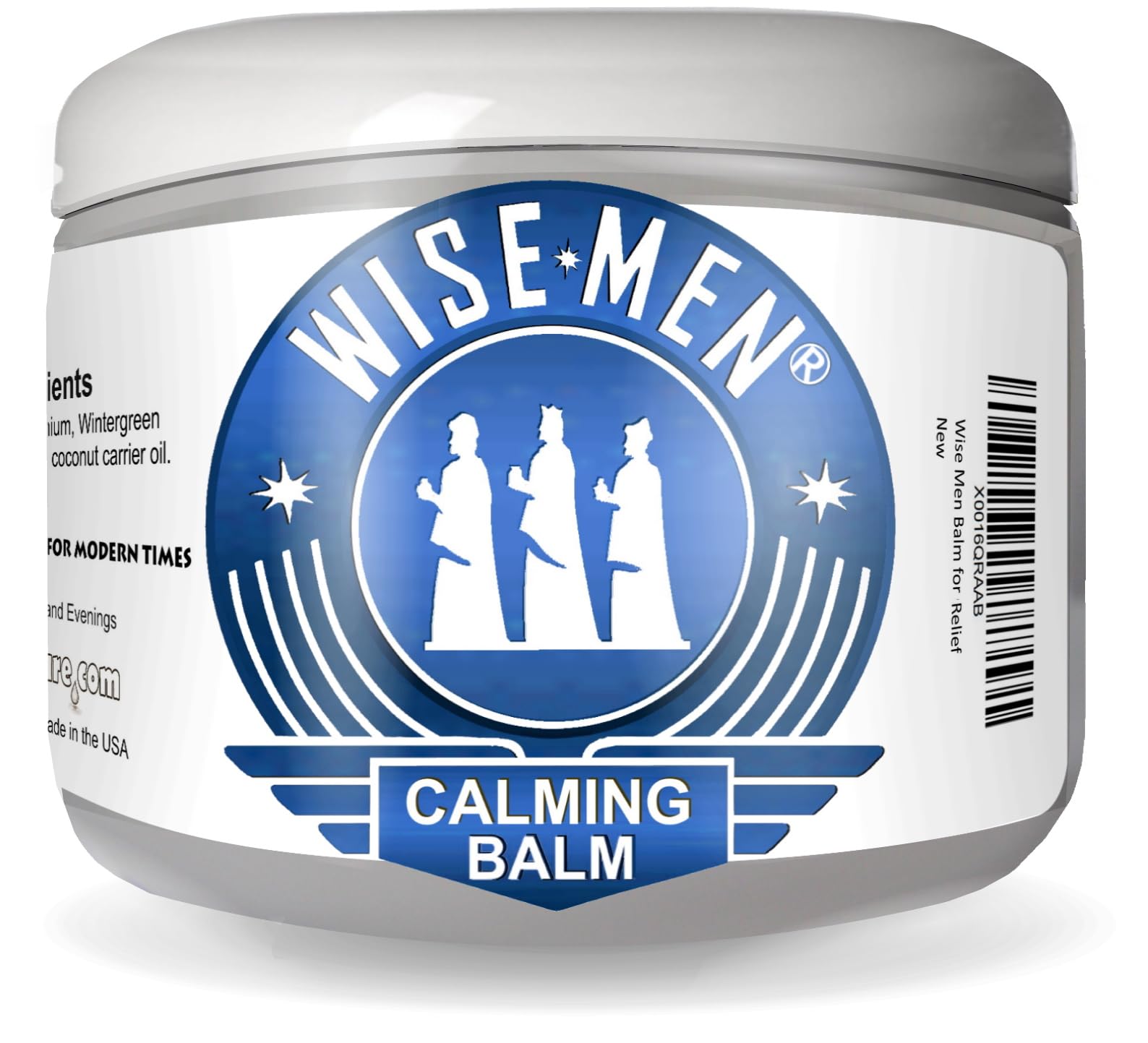 Wise Men Calm Balm frontal del envase mostrando etiqueta y tamaño, transmite confianza