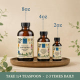 Wise Woman Herbals comparación de tamaño del frasco junto a una taza para escala