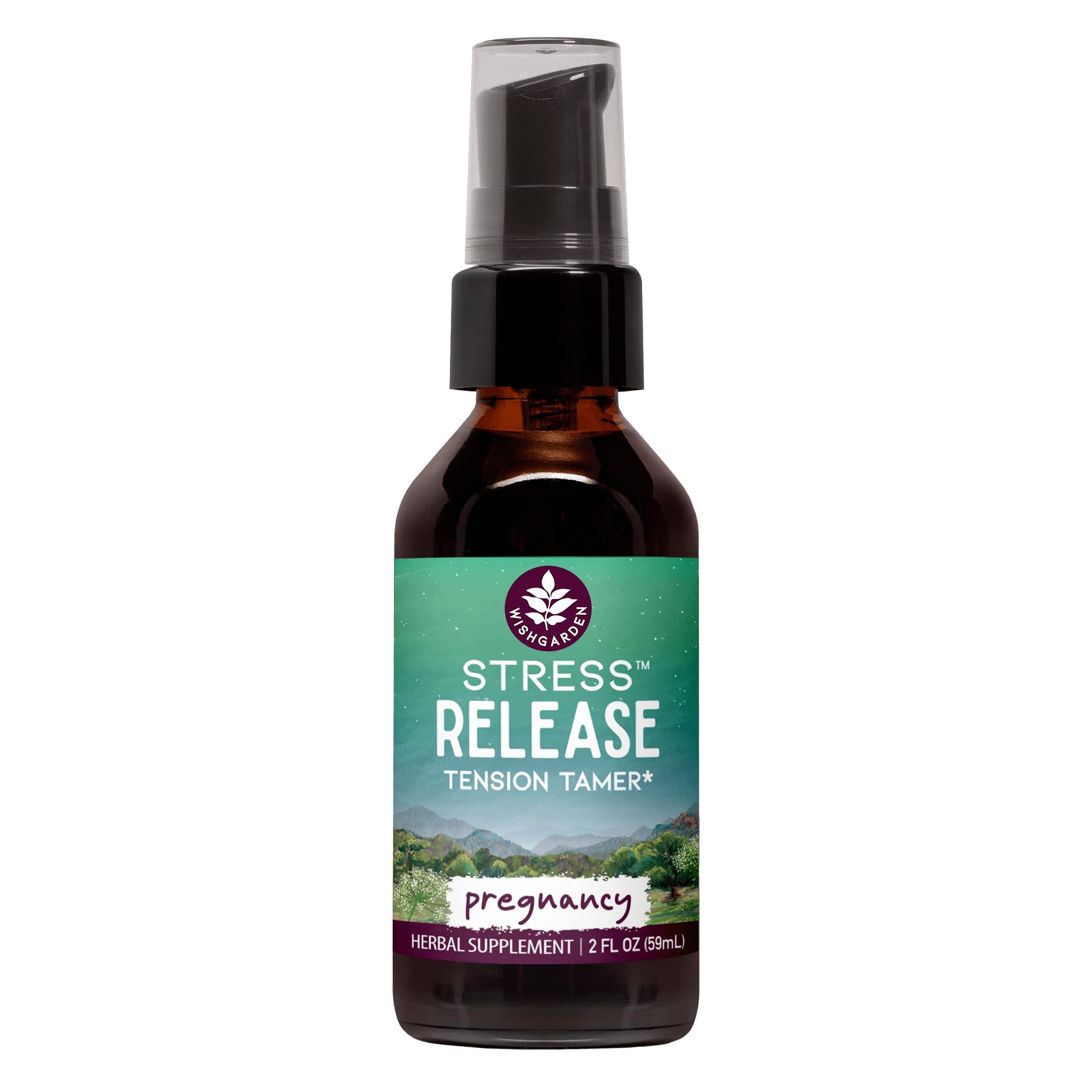 WishGarden frasco frontal de Stress Release for Pregnancy mostrando etiqueta clara y tamaño 2oz, calma visible