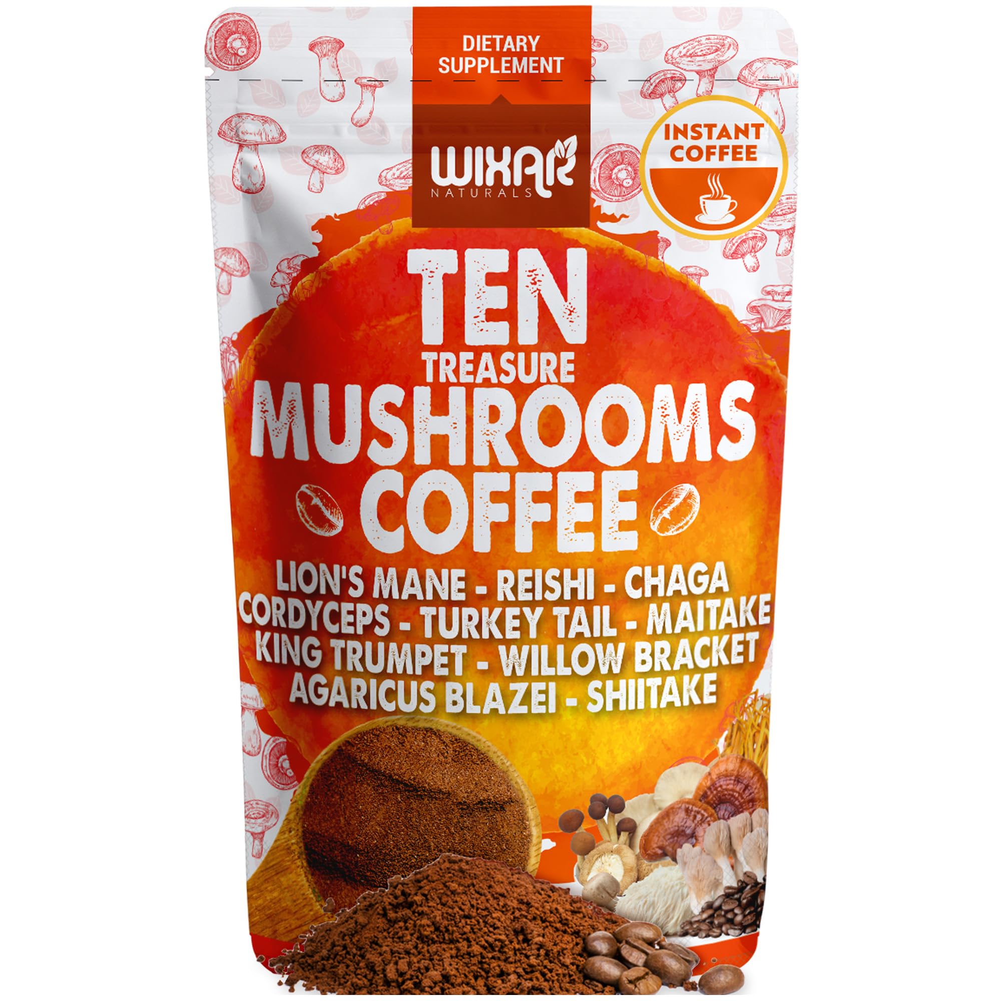 WIXAR NATURALS envase frontal del café de hongos mostrando marca y tamaño