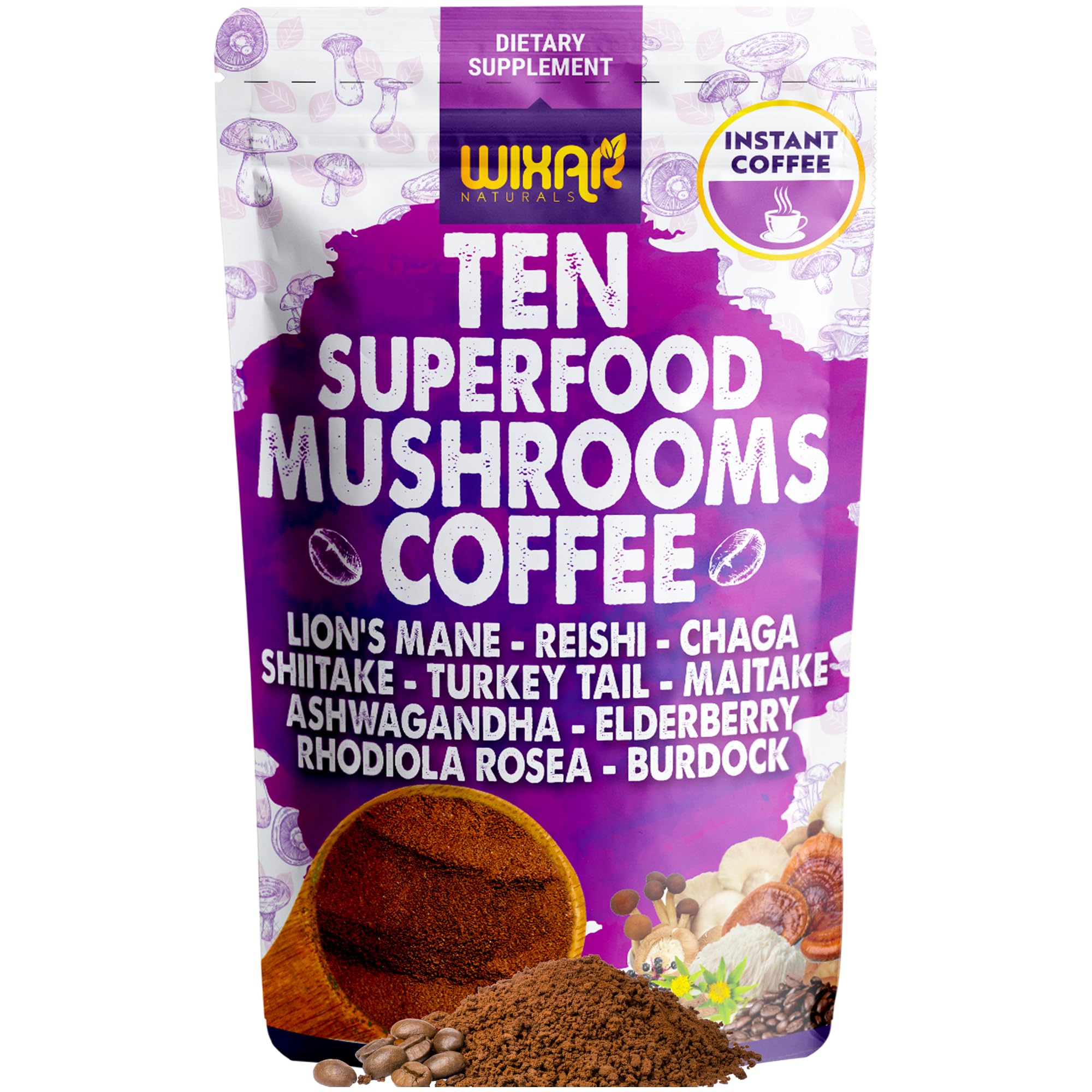 WIXAR NATURALS envase frontal del café de hongos mostrando tamaño y marca