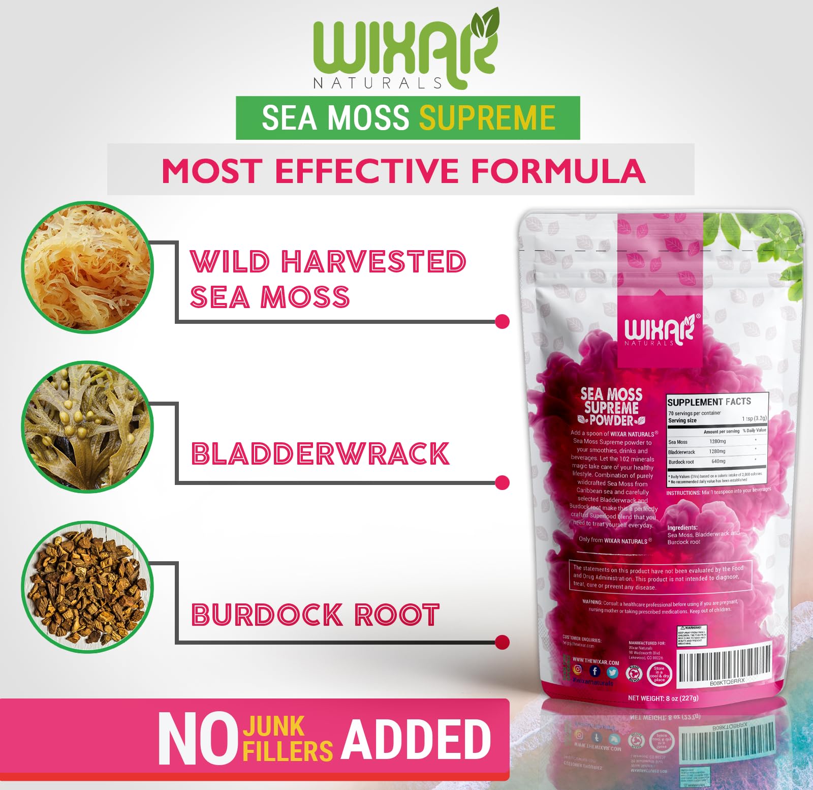 WIXAR NATURALS etiqueta con ingredientes y pruebas de pureza visibles
