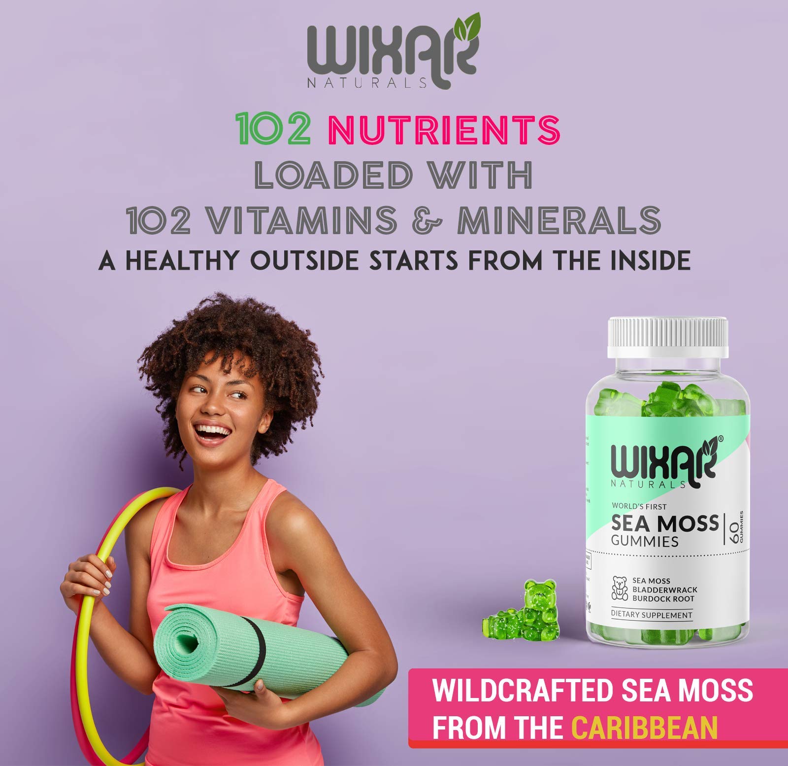 WIXAR NATURALS ingredientes: sea moss, bladderwrack y burdock en enfoque